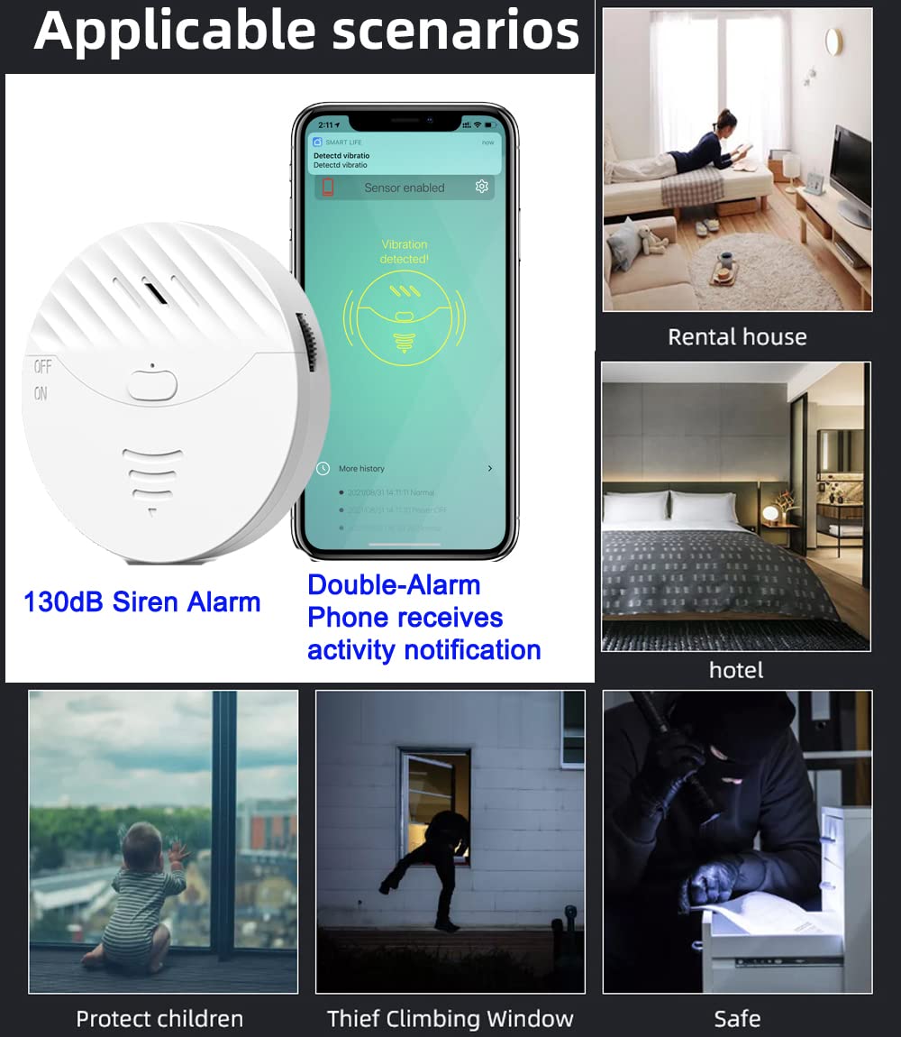 WiFi Window Alarm System, 2 Pack Glass Break Detection with Phone APP, 120dB Smart Alarms with Adjustable Vibration Sensor for Car,Home Security