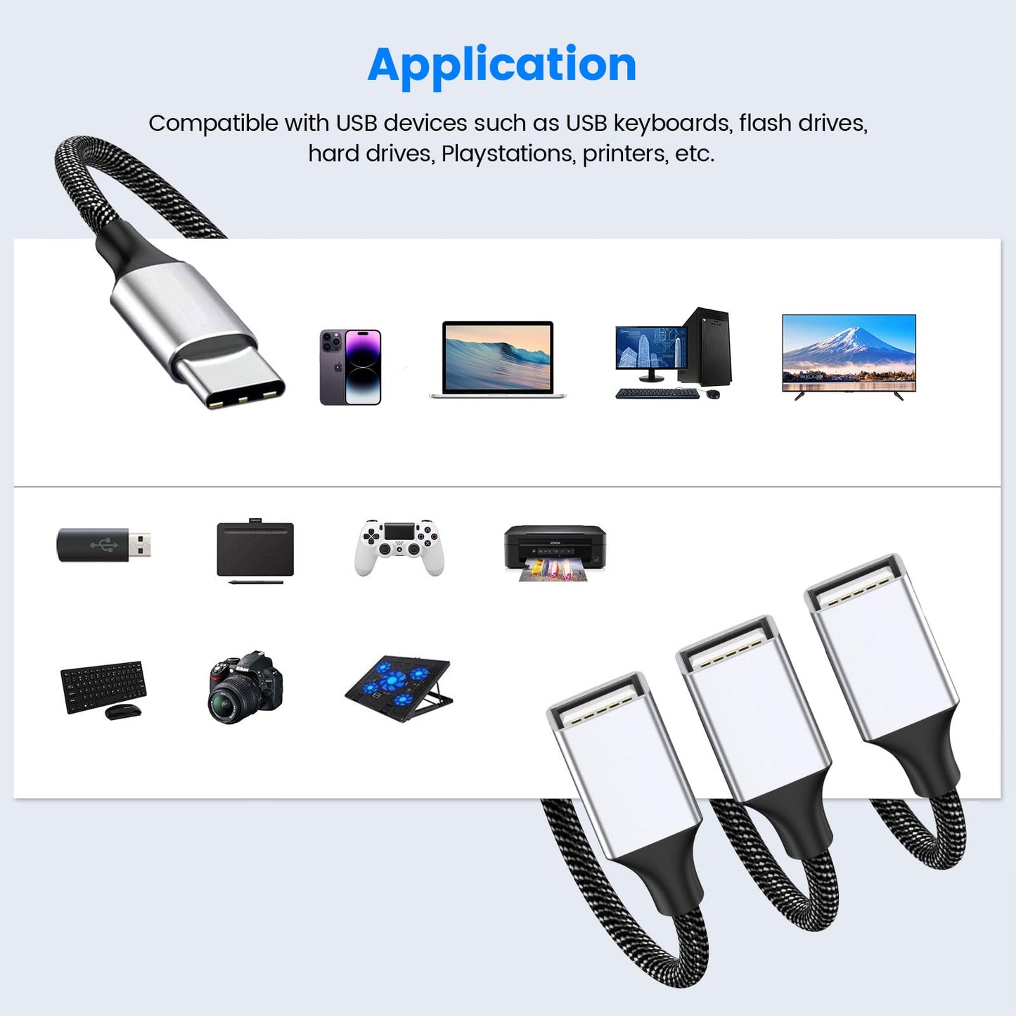 Fidioto USB C Male to 4USB Female Y Cable, Type C to 4USB Charger Adapter, Hub for Laptop, Tablet,Telephone, Flash Disk Drive, Gaming Consoles