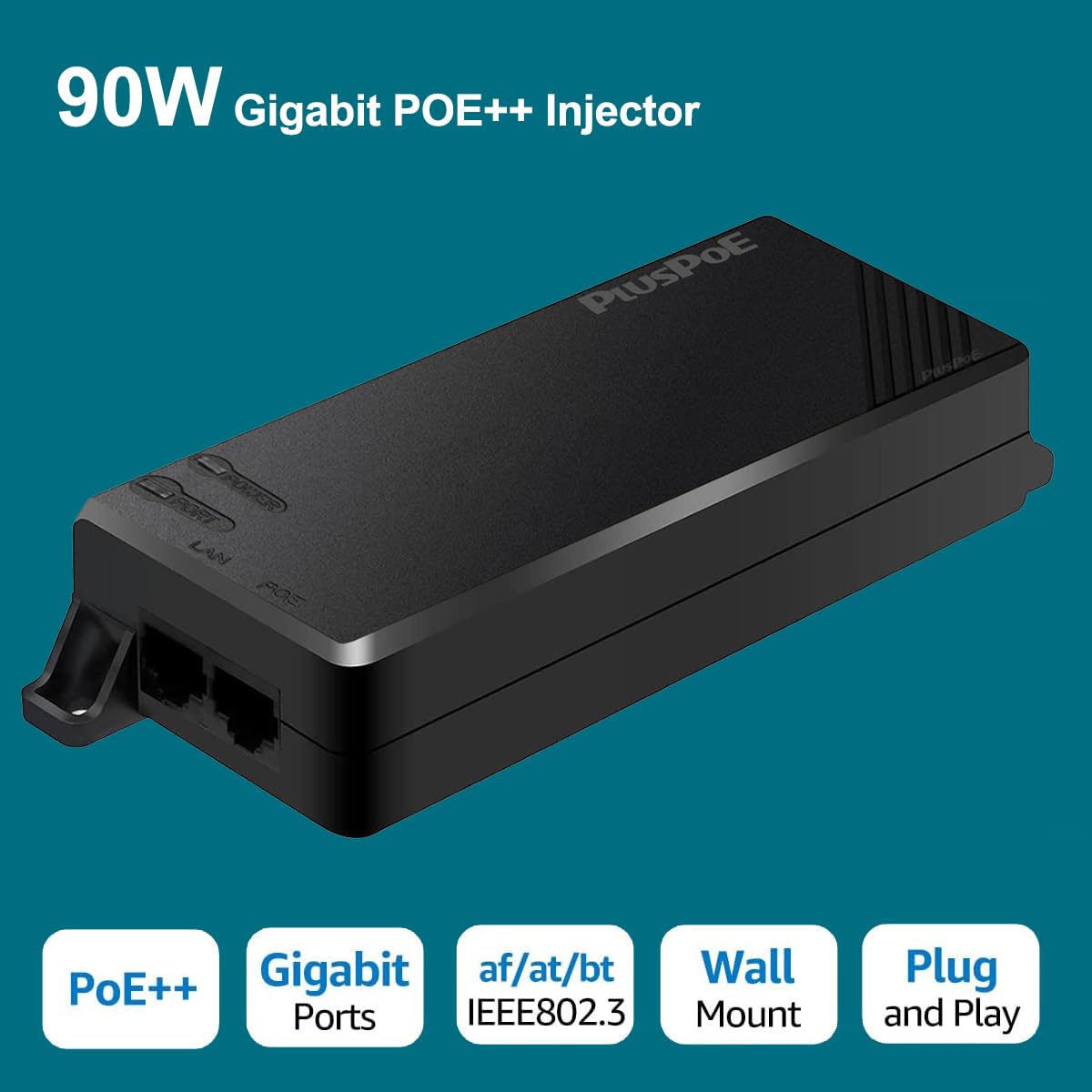Gigabit PoE++ Injector, High Power 90W /60W POE++ Injector, 30W PoE+,15.4W POE Adapter, IEEE802.3bt/802.3at/802.3af Compliant, 10/100/1000Mbps, Up