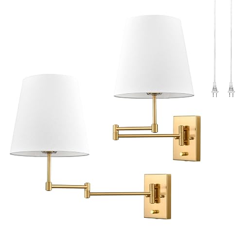 HYDELITE Gold Swing Arm Wall Lamp Brass Wall Sconces with Linen Shade | Plug-in or Hardwired Wall Light Fixtures Bedroom Bedside, House Reading