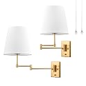 HYDELITE Gold Swing Arm Wall Lamp Brass Wall Sconces with Linen Shade | Plug-in or Hardwired Wall Light Fixtures Bedroom Bedside, House Reading