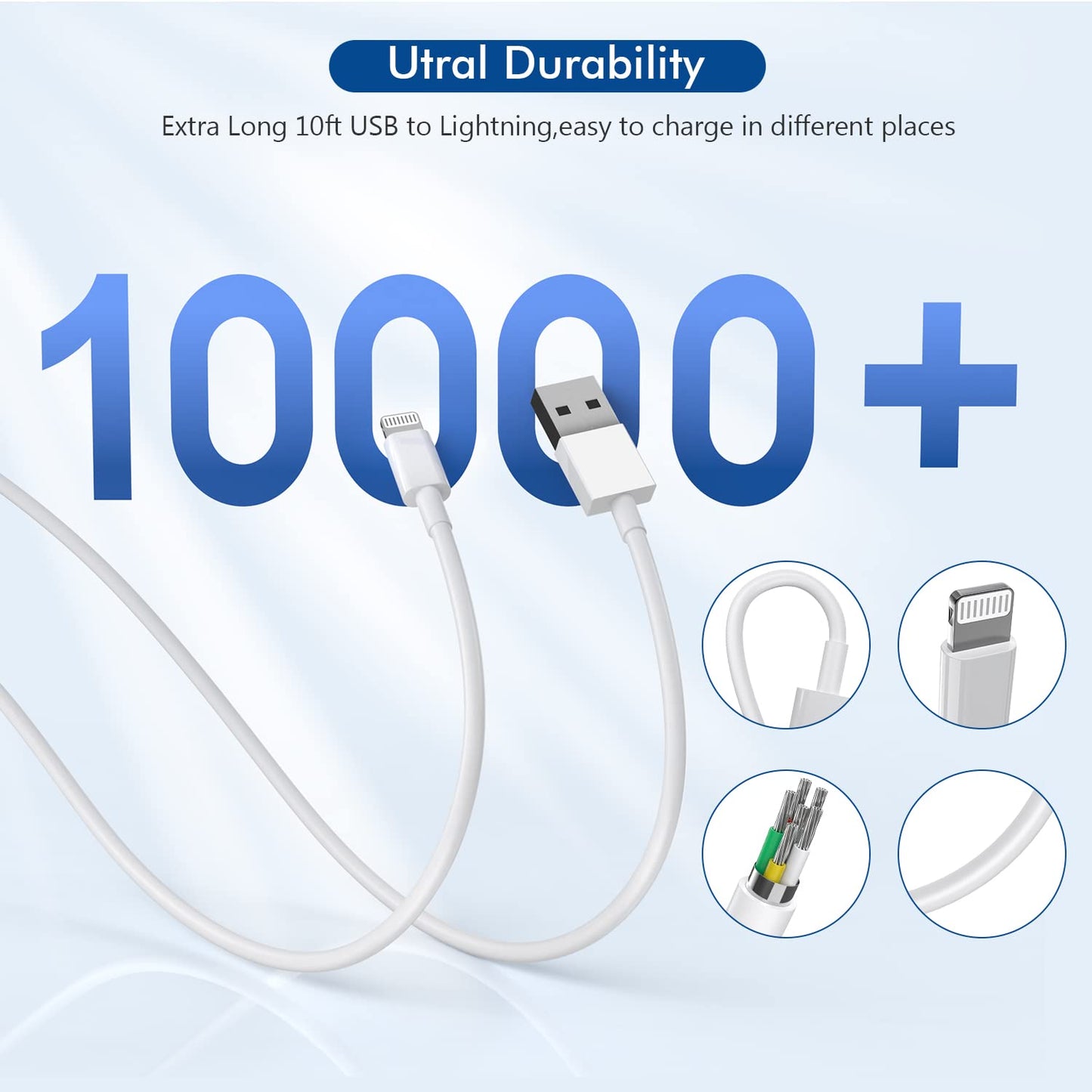 10FT Long iPhone Charger,[Apple MFi Certified] 2Pack 10Foot USB to Lightning Charging Cable Cord USB Wall Phone Charger Power Adapter Travel Plug…