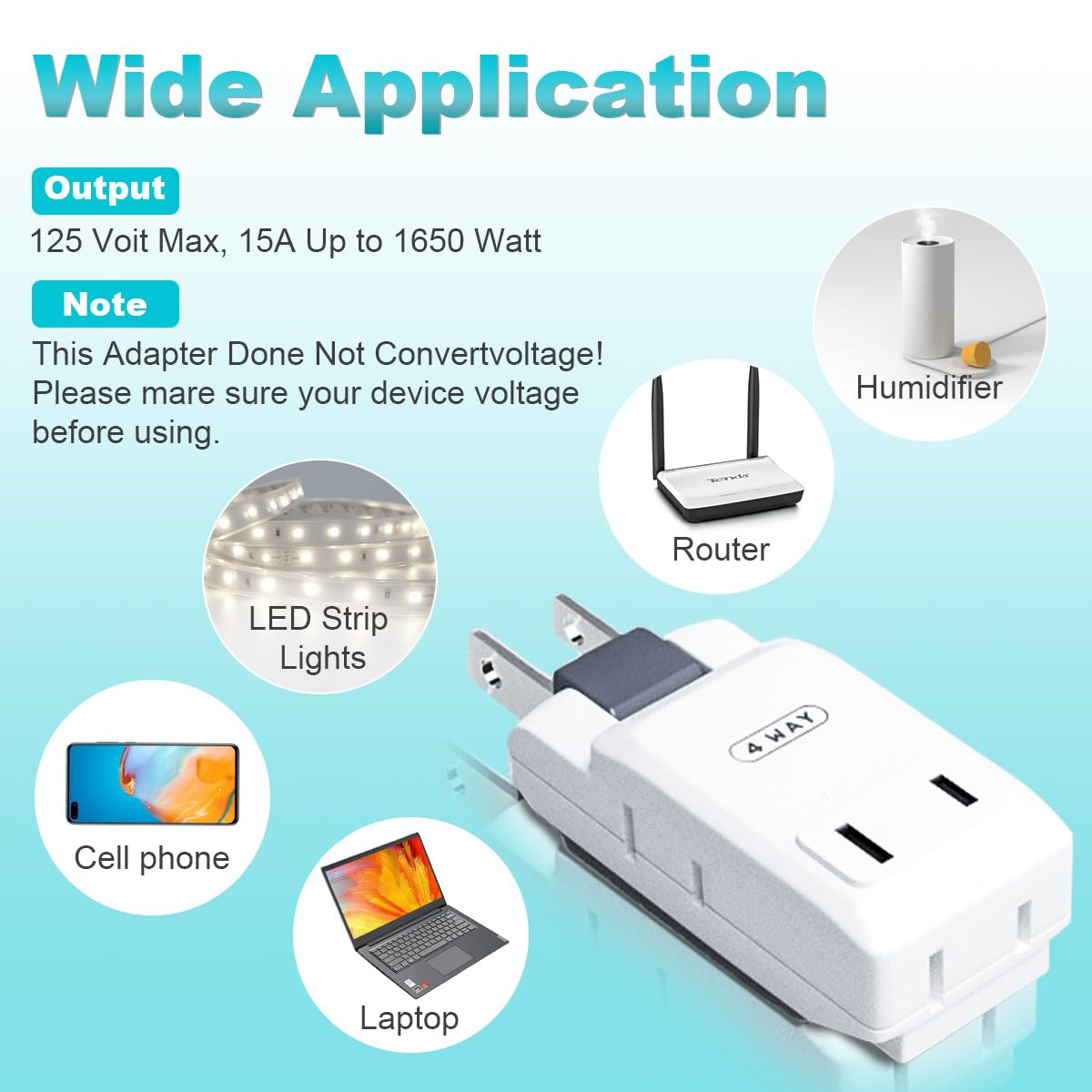 SYCON 4 Outlet Wall Adapter, 2-Prong Swivel Ungrounded Indoor AC Mini Plug Wall Tap - White