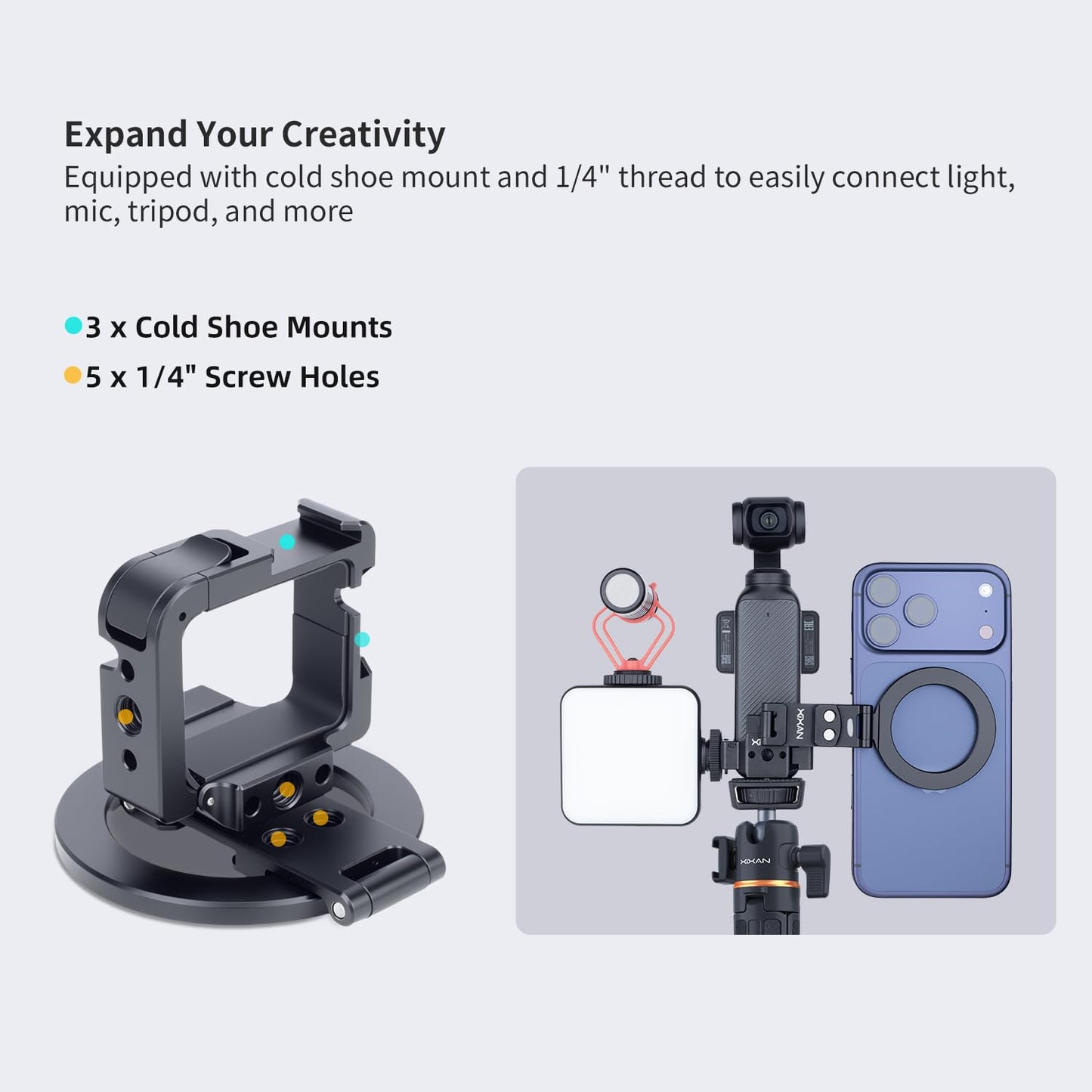 Xixan Pocket 3 Magnetic Mount Stand, Aluminium Alloy Expansion Cage Camera Holder with Cold Shoe and 1/4'' Mount, Adjustable Magnet Adapter for DJI