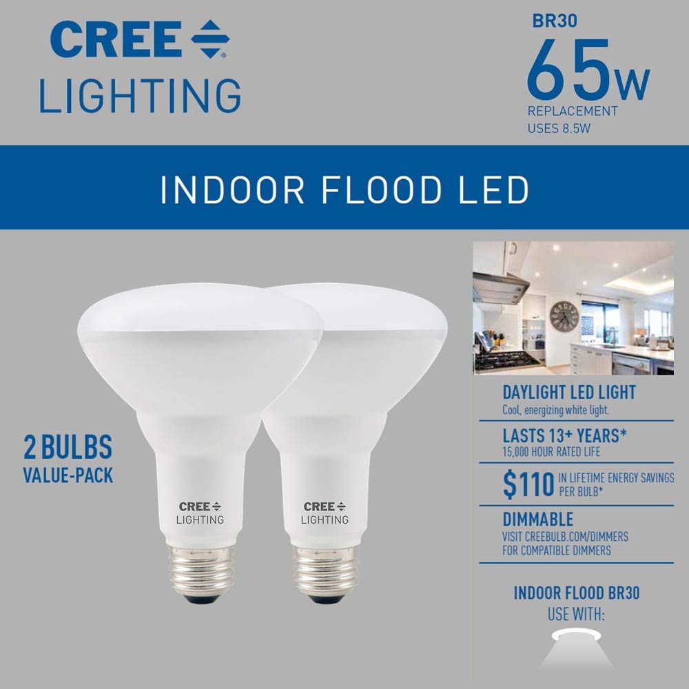 Cree Lighting BR30-65W-B2-50K-E26-U2, Basic BR30, 650 Lumens, Dimmable, Daylight 5000k, 15,000 Hour Rated, 2-Pack