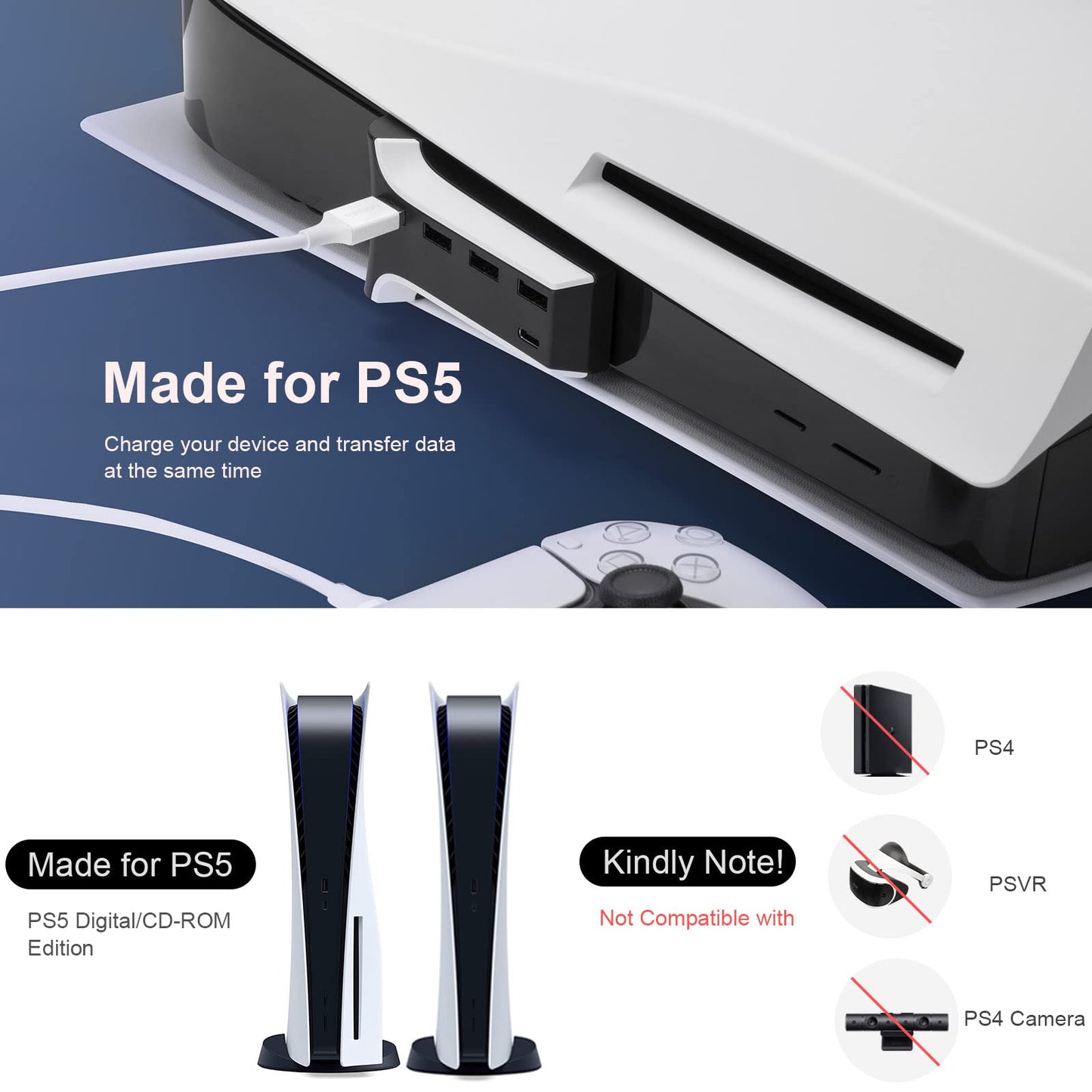 5 Ports USB Hub for PS5 - USB 2.0 Hub High-Speed Expansion USB Charger Splitter Adapter with 4 USB + 1 USB C Port, Compatible with Playstation 5