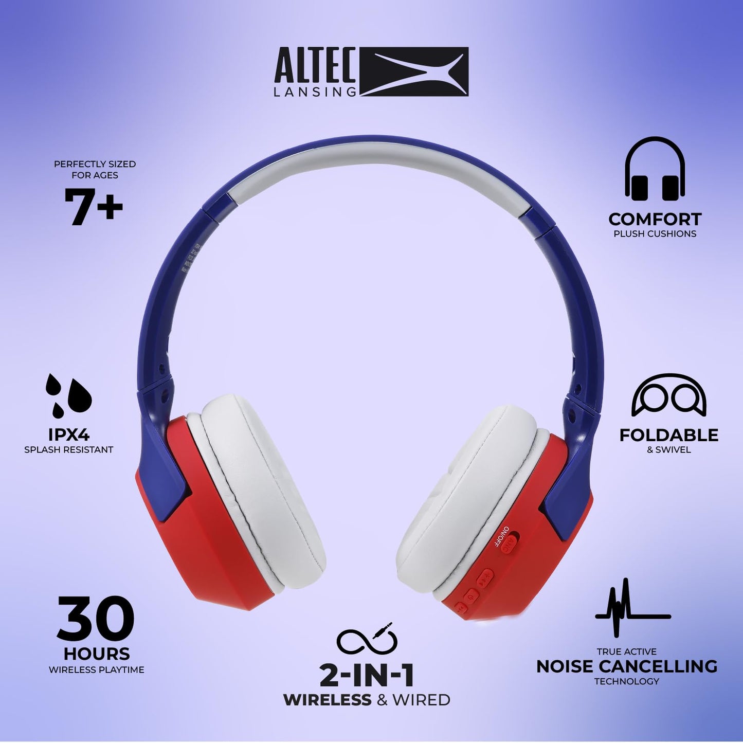Altec Lansing Kid Safe Noise Cancelling Wireless Headphones 15H Battery, 85dB Volume Limit, Foldable Design Powerful Sound, Active Noise Cancellation
