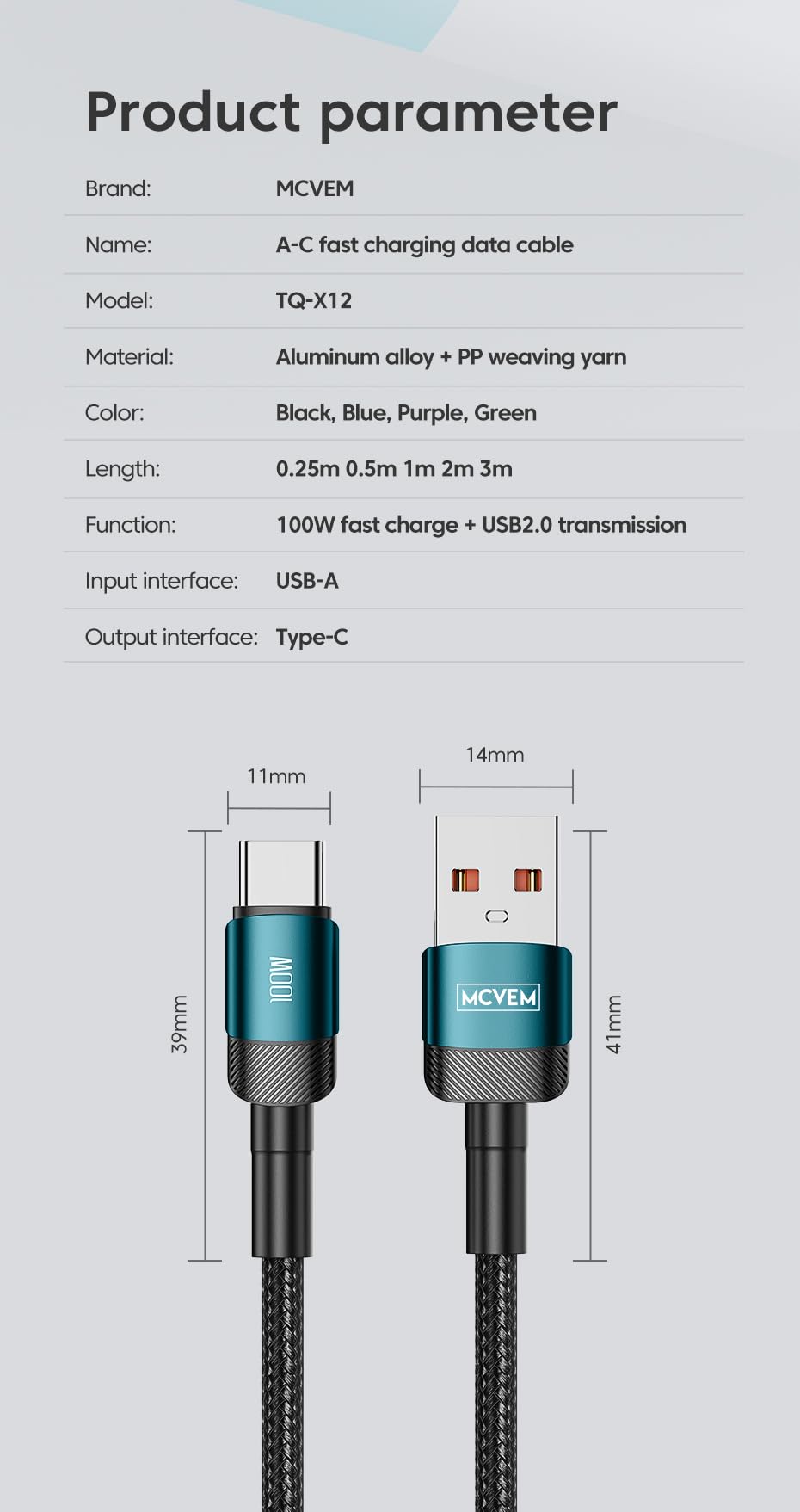 MCVEM 100W USB A to C Fast Charging Data Cable 3.3 Feet USB to USB C Cable for Android Charging, iPad, iPhone 15, Devices with USBC Charging - USBA
