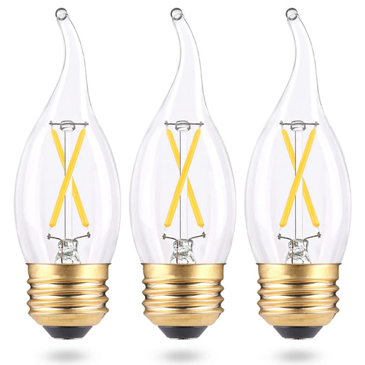 EQ Lighting Dimmable E26 LED Candelabra Bulbs, 25Watt Equivalent, Soft White 3000K, Clear Glass CA10 Flame Tip Shape, 2W LED Candle Light Bulbs