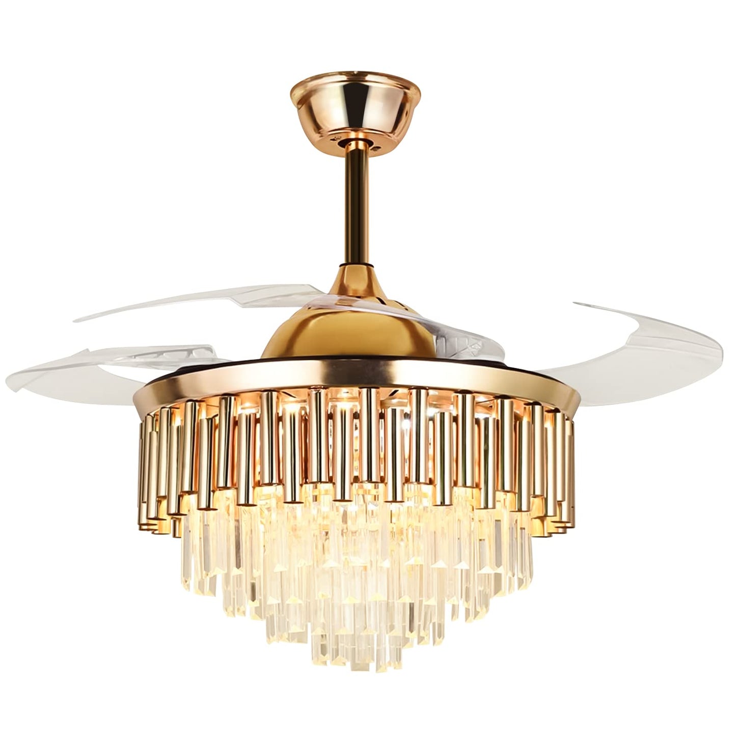 ONELLH Crystal Ceiling Fans Chandelier Indoor with LED Light 3 Colors Gold Fandelier with Retractable Blades 3 Speeds for Living Room Bedroom