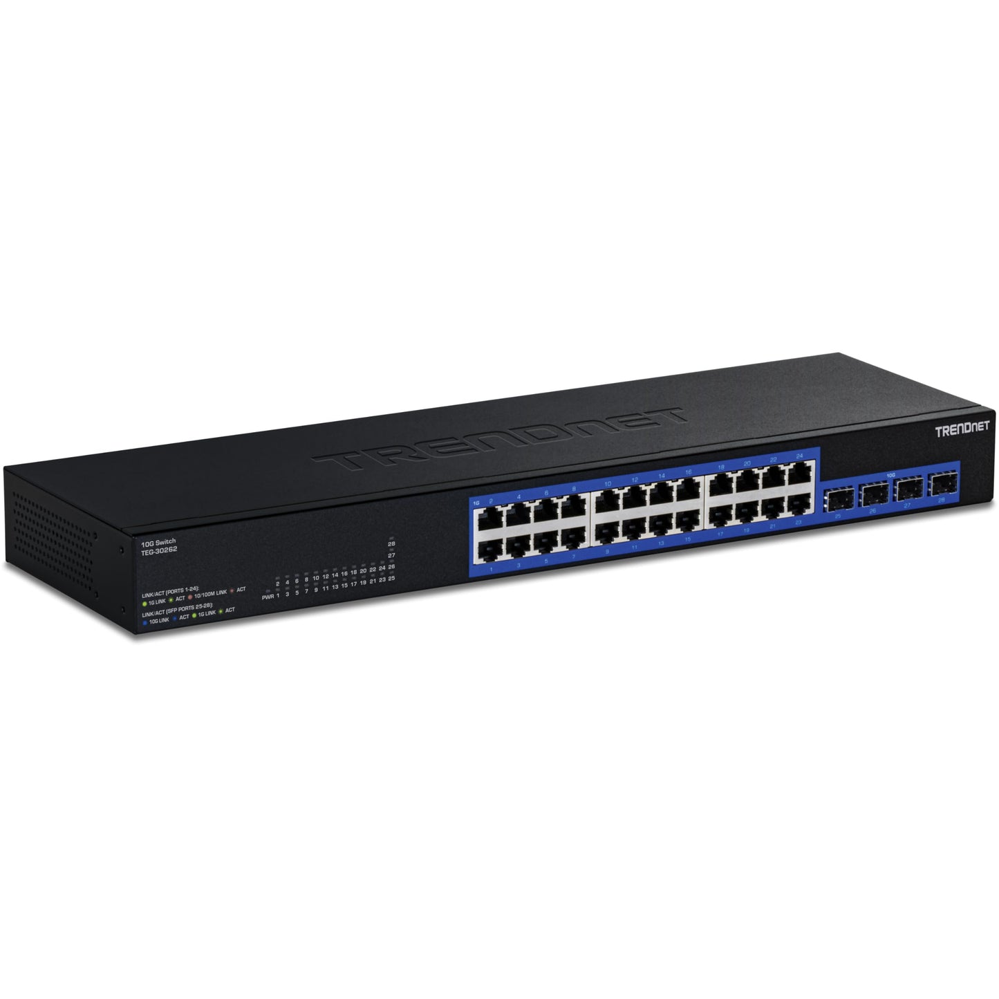 TRENDnet 28-Port Gigabit Switch with 4 x 10G SFP+ Ports, TEG-30262, 24 x Gigabit Ports, 4 x 10G SFP+ Ports, 128Gbps, 1U Rack Mountable, NDAA TAA