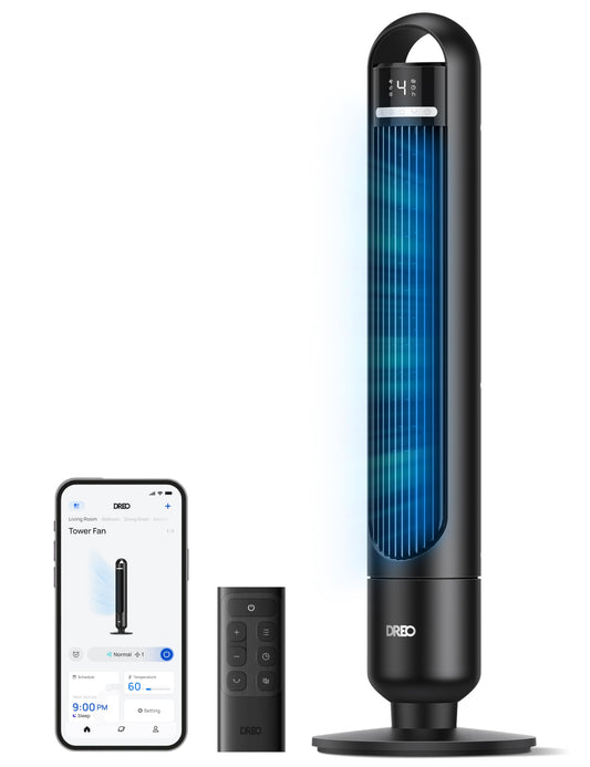 DREO Smart Tower Fan for Bedroom, 90° Oscillating Standing Fans for Room with 4 Speeds, 4 Modes, 28dB Quiet for Sleep, 26ft/s Velocity, 8H Timer