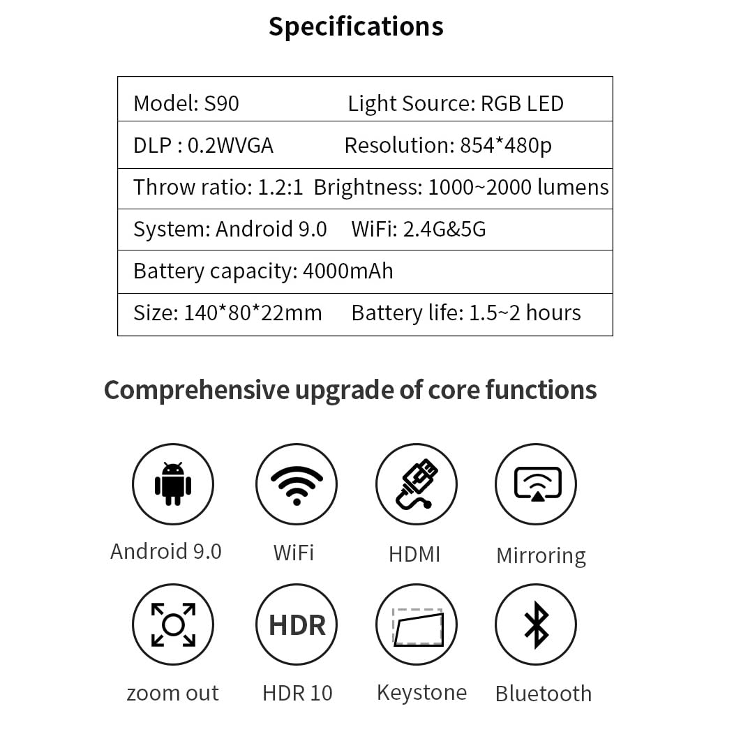 Mini Portable Pocket Smart DLP Projector Android 9.0 OS WIFI and Bluetooth, RAM 2G ROM 32GB 3D Movie Projector with Tripod & Bag, Support 4K 1080P