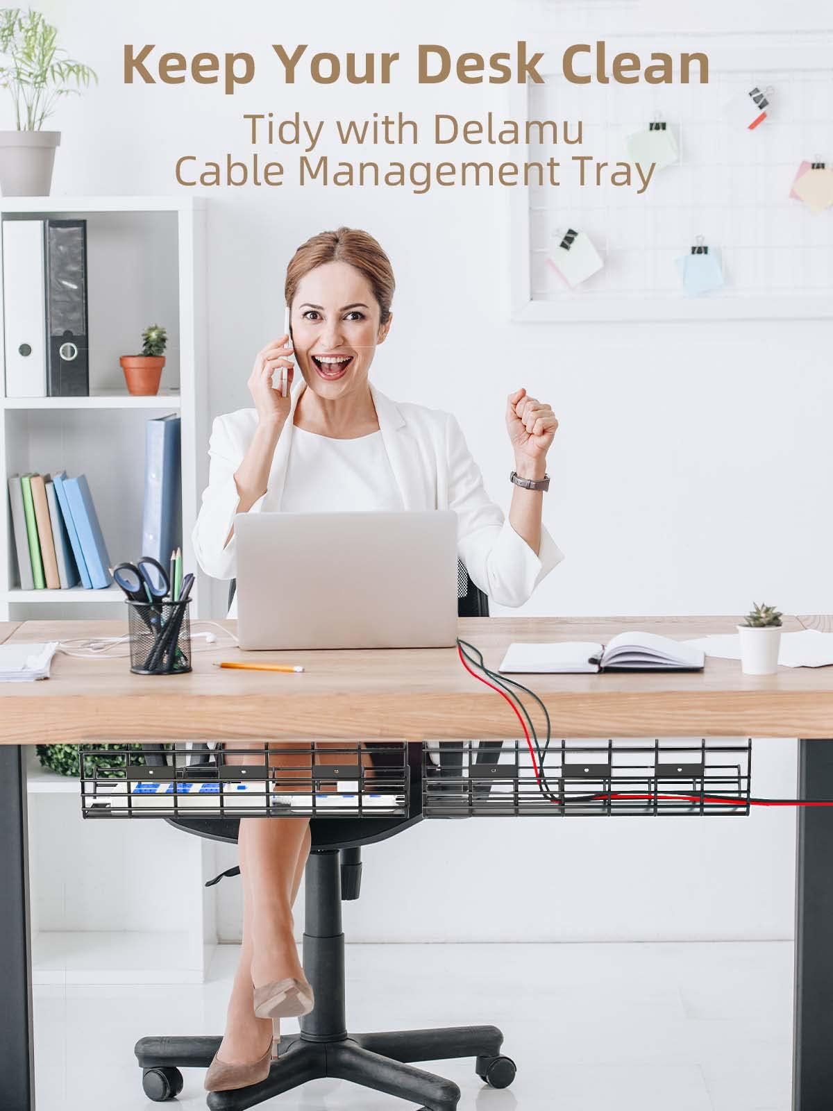 2 Pack DELAMU Under Desk Cable Management Tray, Large Metal Cord Organizer, Office & Home Cord Wire Management Under Desk Shelf, Easy Install