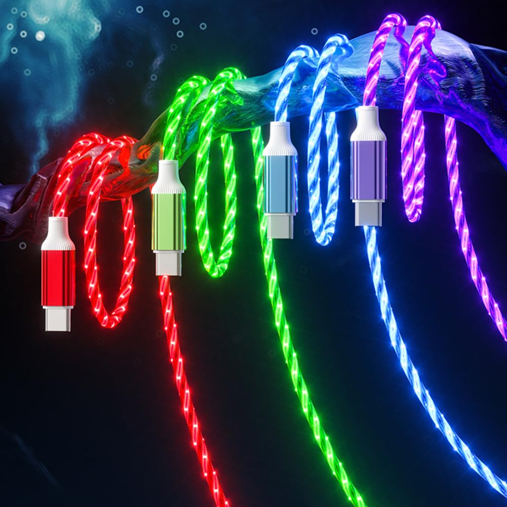IHAO USB A to C Charger Cable PD Fast Charge and High Speed Sync Visible Starry LED Current Flowing Compatible with All USBC Device-Starry Purple A