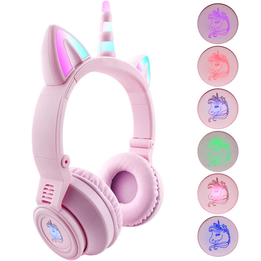 YUSONIC Unicorn Kids Headphones for Girls, Unicorn Bluetooth Headphones Foldable for Girls Toddlers Tablet/pad/Amazon fire,Light Up Kids Wireless…
