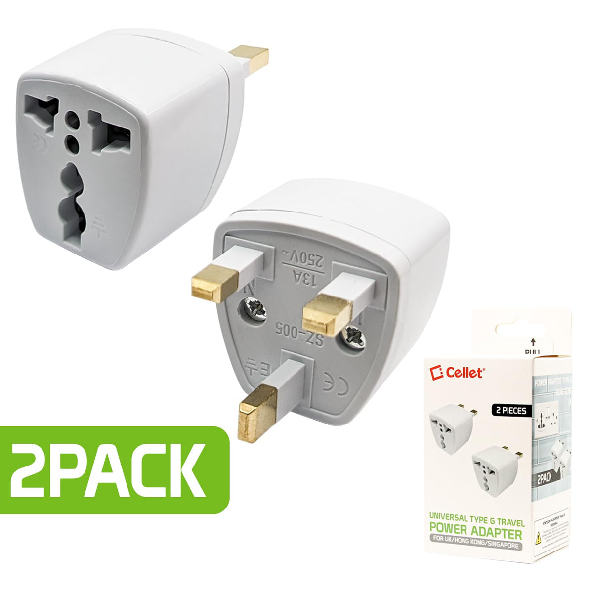 Cellet Universal Travel Adapter: Seamless Plug Conversion for International Travelers AC Wall Power Adapter to Convert China, UK, AU, EU & Other Plugs to US Plug (2PACK) (Type-G (UK HK))