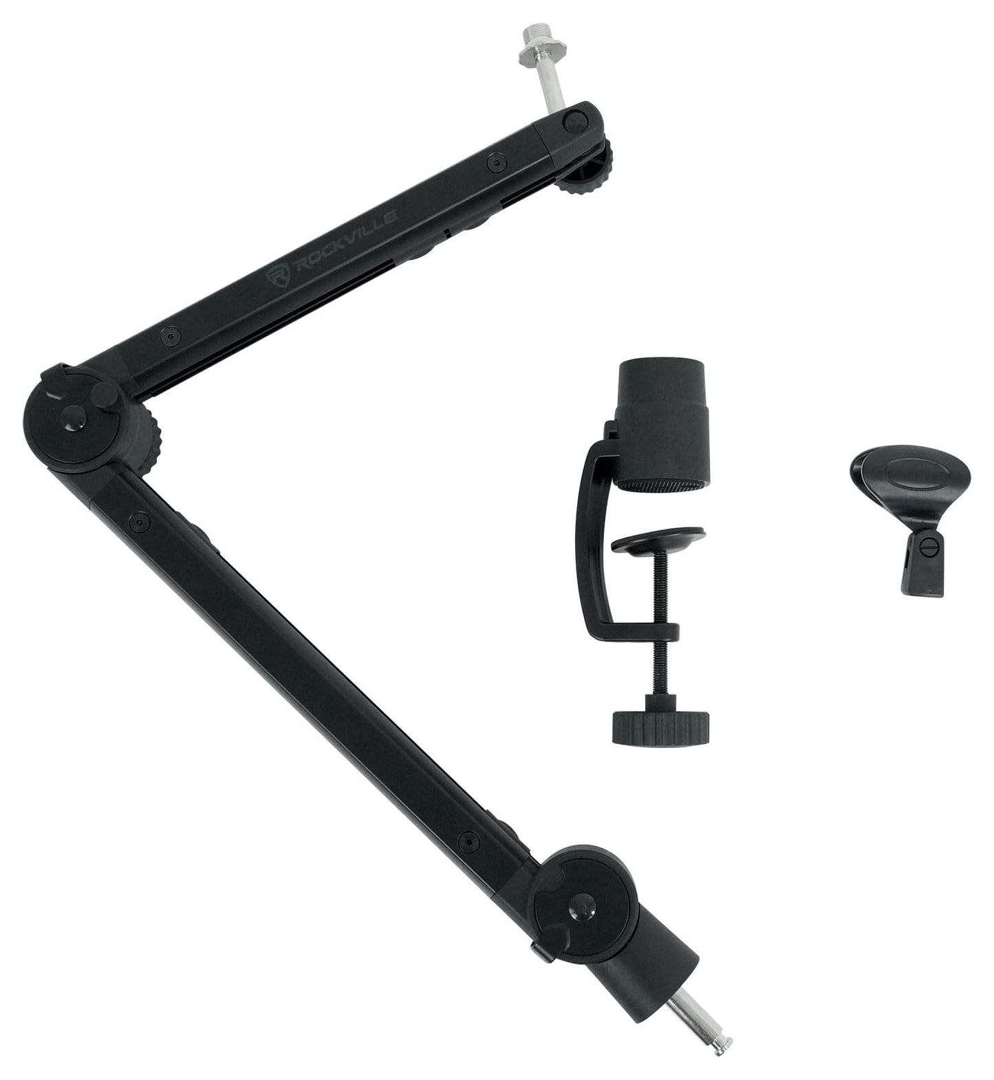 Rockville Rg30 Rogan Stand 30" Pro Boom Arm Mic Stand, Fixed Mount, Desk Clamp, Adjustable Height, Built-In XLR Cable, Foldable, Aluminum Build For