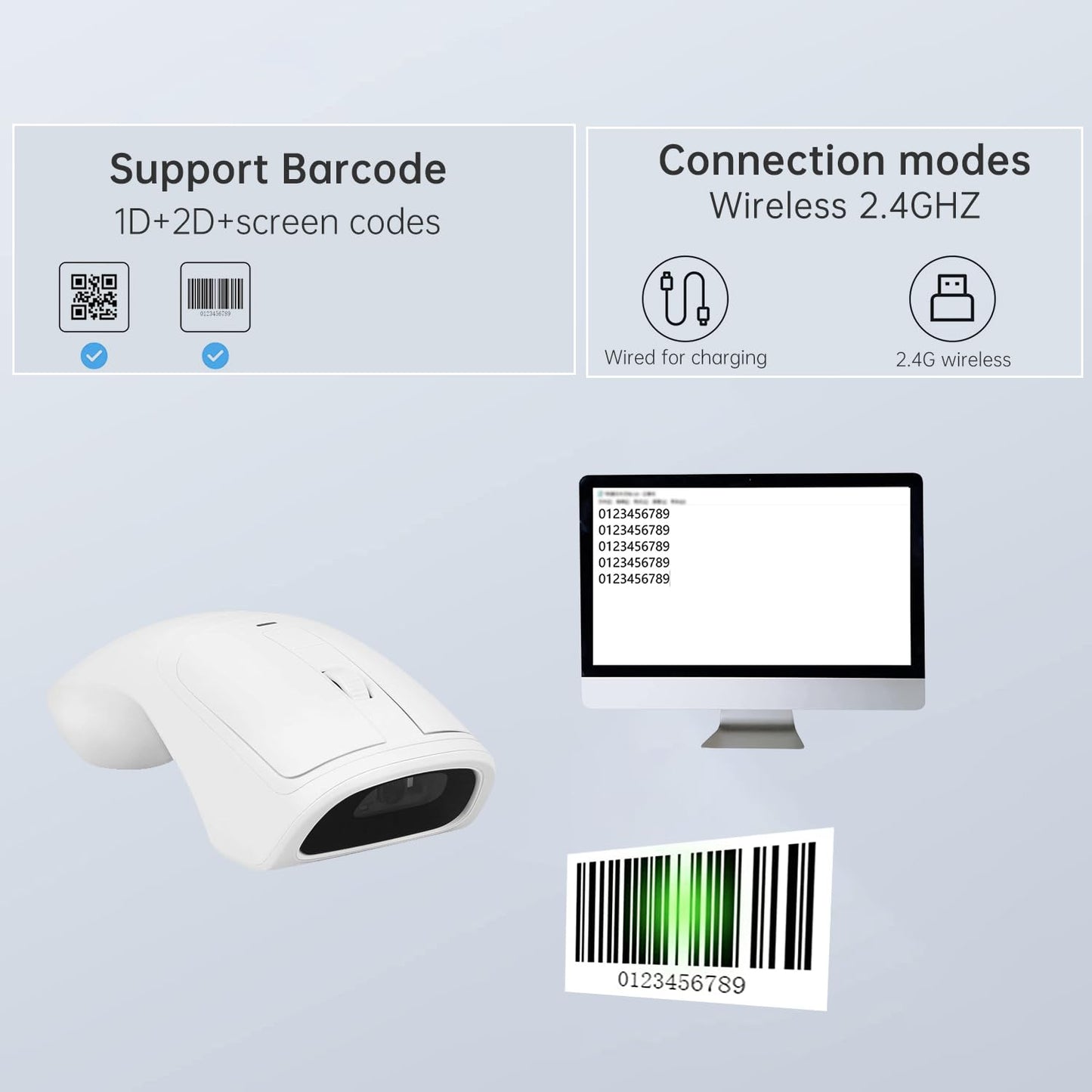 THARO New Wireless Mouse Barcode Scanner, 2-in-1 Design 2D Handheld Barcode Scanner with Wireless Mouse Functions for POS System,Store,Supermarket