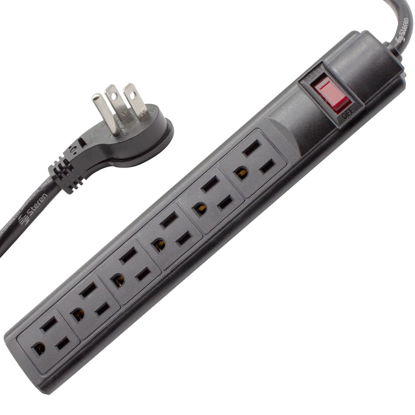 STEREN 6-Outlet, Plastic Surge Protector Strip, 3ft Cord, Right Angle Plug, 240 Joules, Black [905-132]