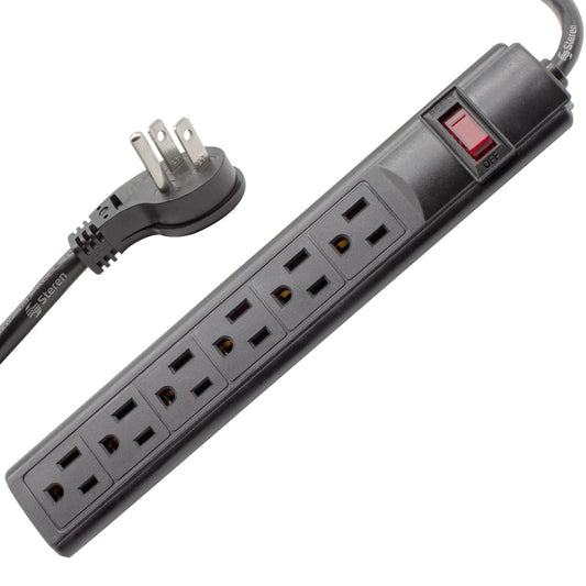 STEREN 6-Outlet, Plastic Surge Protector Strip, 3ft Cord, Right Angle Plug, 240 Joules, Black [905-132]