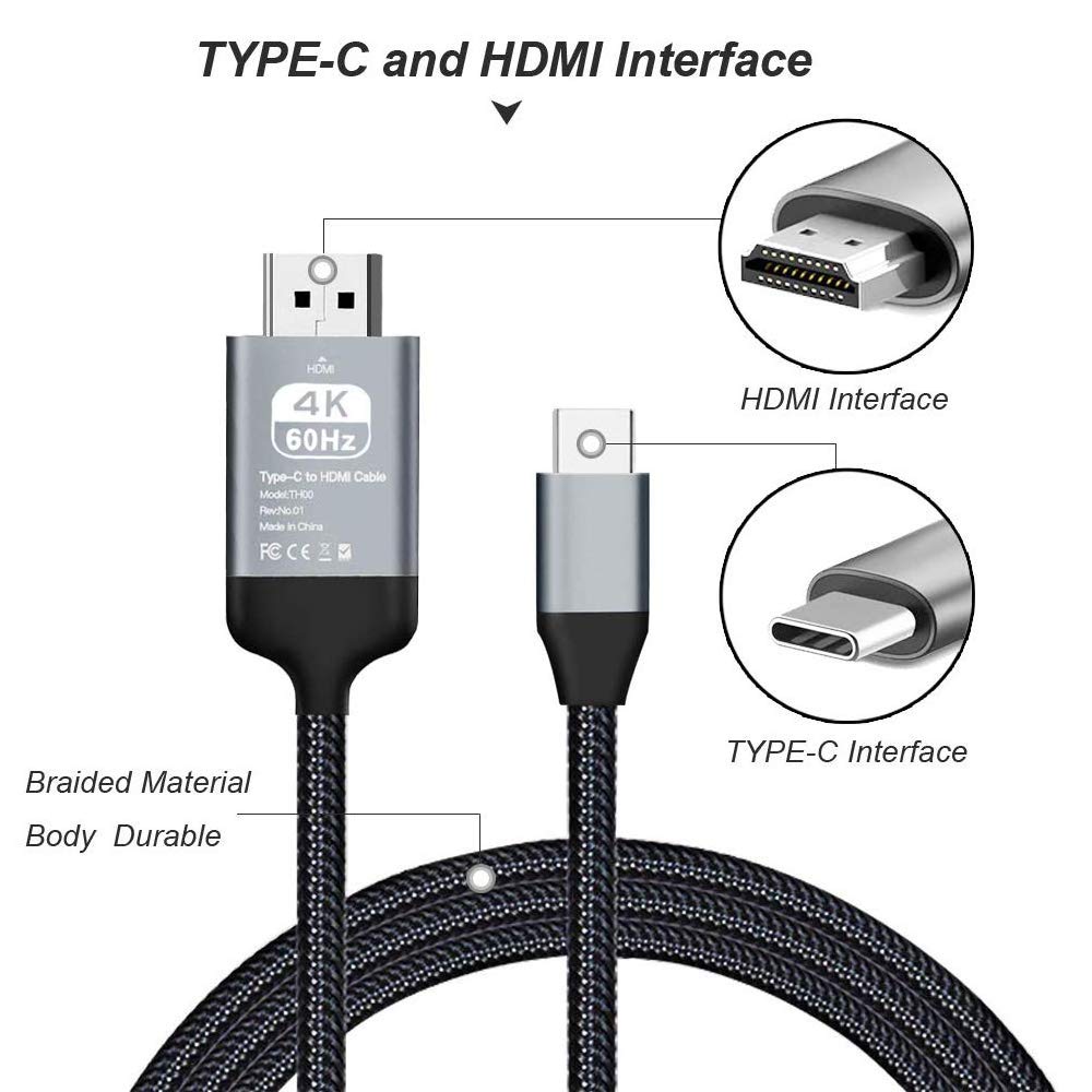 CONVELIFE USB C to HDMI Cable (4k@60Hz), 10ft/3m Type C to HDMI Cable, USB 3.1 & Thunderbolt 3 Compatible for MacBook Pro, iPad Pro, iMac 4K / 5K
