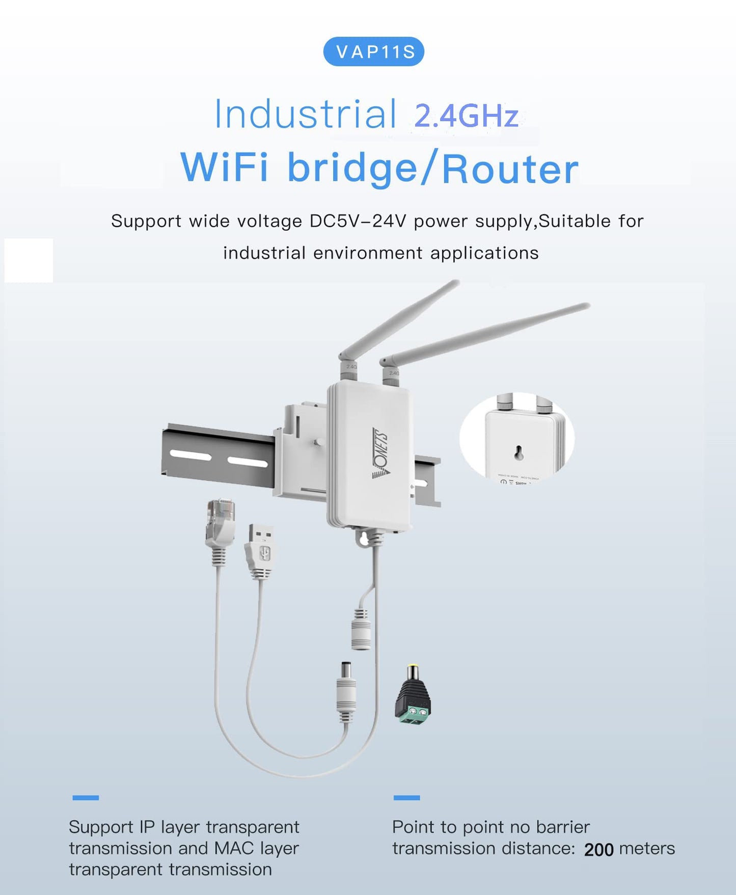 VONETS Industrial 2.4GHz WiFi Bridge Ethernet Wireless Repeater/Mini Router/WiFi Hotspot Extender/Signal Booster, USB/DC Powered, 2 RJ45 Ports