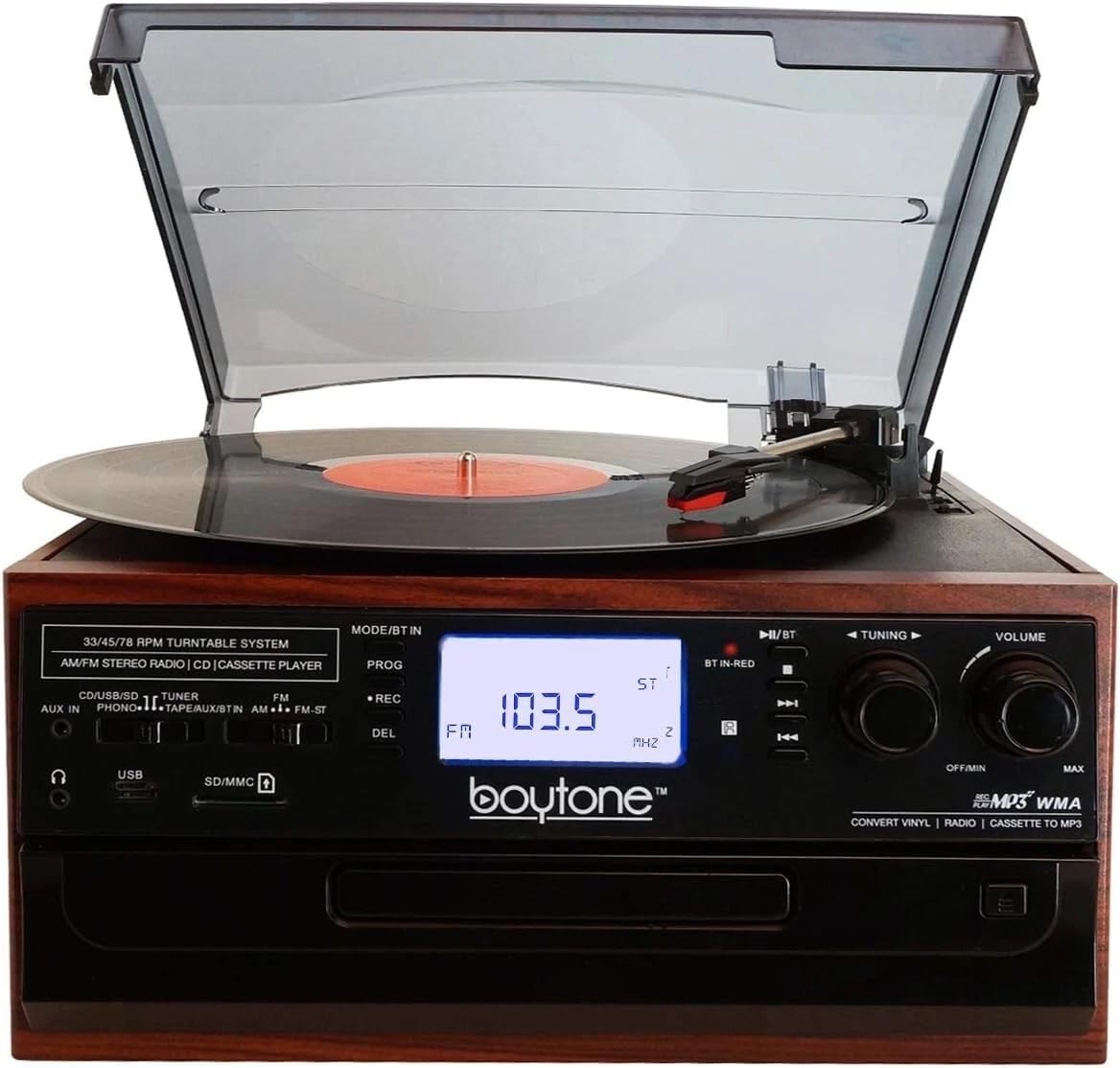 Boytone BT-22M, Bluetooth Record Player Turntable, AM/FM Radio, Cassette, CD Player, 2 Built in Speaker, Ability to Convert Vinyl, Radio, Cassette, CD