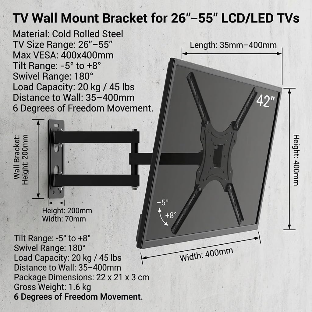 Full Motion TV Wall Mount for 26-55 inch TVs, up to 99lbs and VESA 400x400mm, Wall Mount TV Bracket with Articulating Swivel Extension Tilting