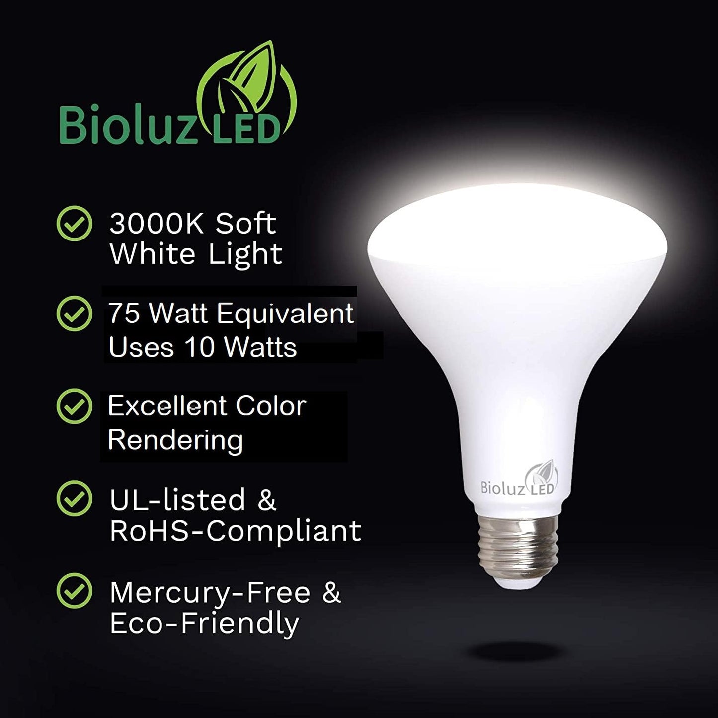 Bioluz LED BR30 LED Bulbs 75W Equivalent Uses 10W, Indoor Outdoor Flood Lights High CRI 3000K Soft White 850 Lumens, E26 Base Dimmable Instant On