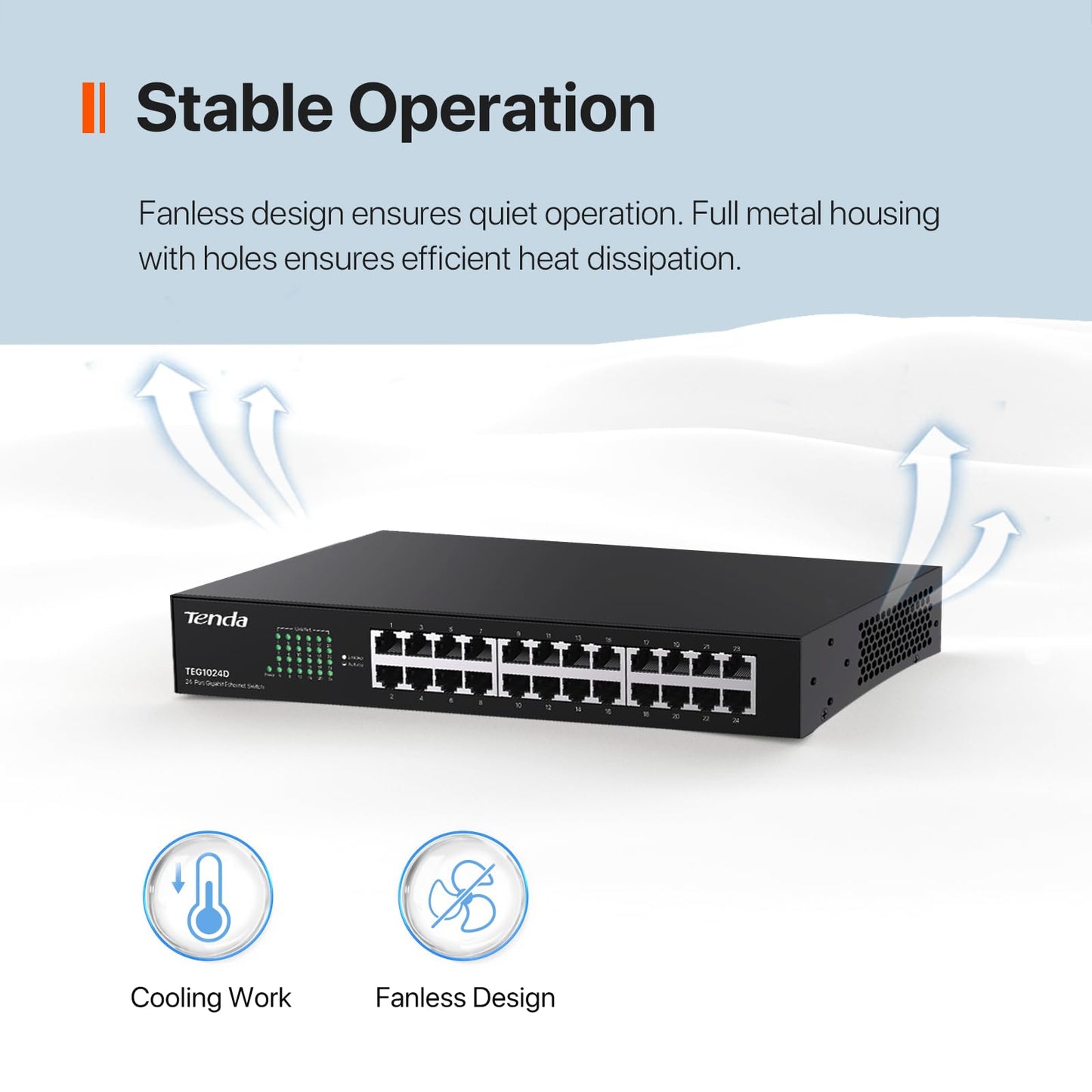 Tenda TEG1024D, 24 Port Gigabit Switch, Unmanaged Rackmount Ethernet Switch 24 Port with Traffic Optimization, Plug & Play, Fanless Quiet & Metal