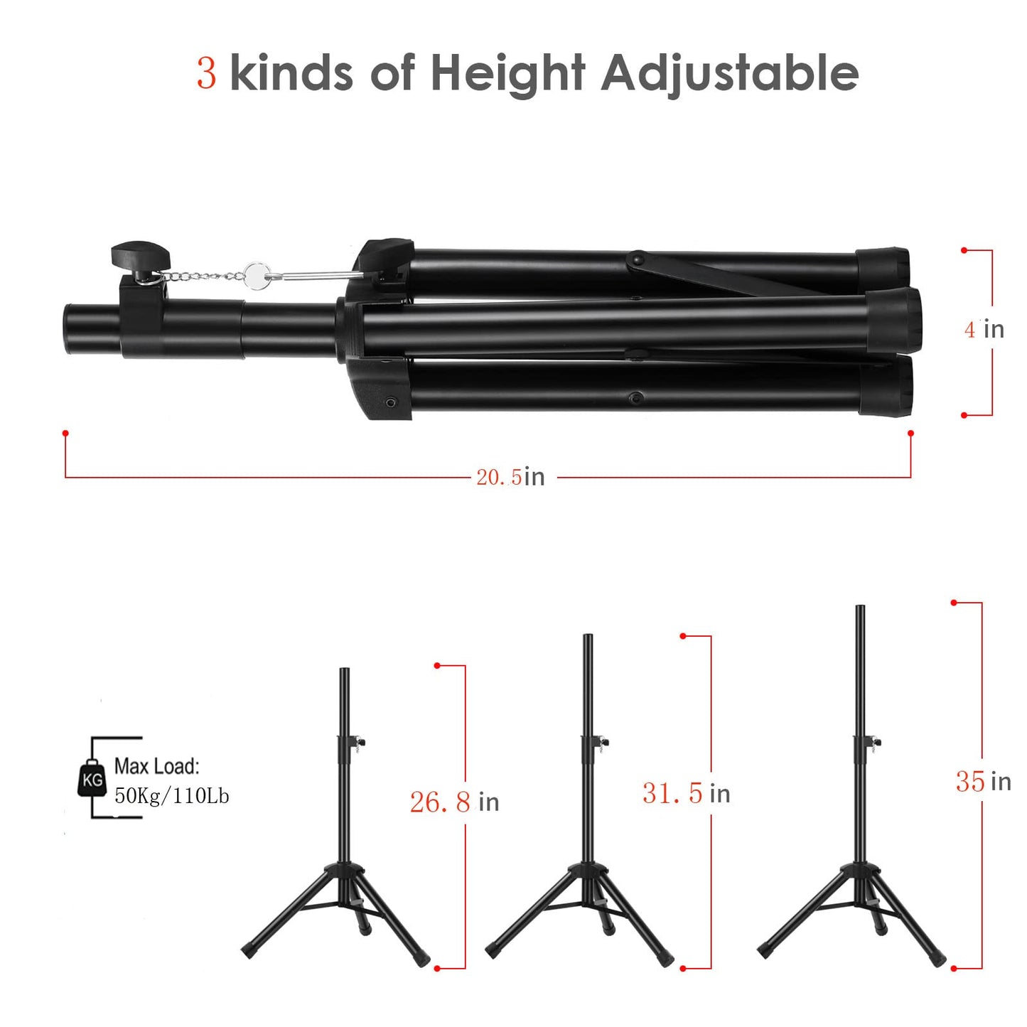 Giskieo Universal Speaker Stand Mount Holder Heavy Duty Tripod/Adjustable Height from 26.8” to 35” and Compatible Insert Easy Mobility Safety Pin
