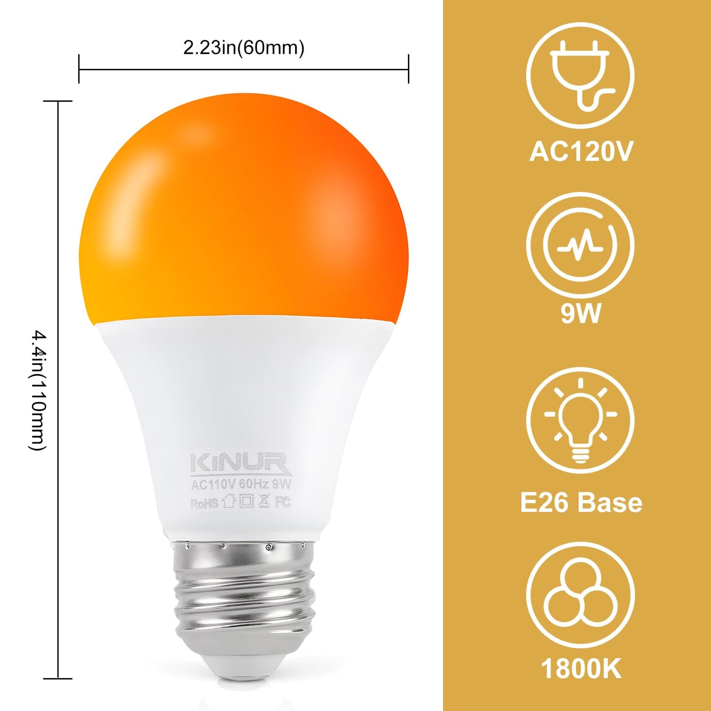 KINUR LED Amber Light Bulbs, A19 9W(60W Equivalent) 1800K E26 A19 Amber Soft Light Bulbs Warm Light for Bedroom, Healthy Sleep, Baby Nursery Light