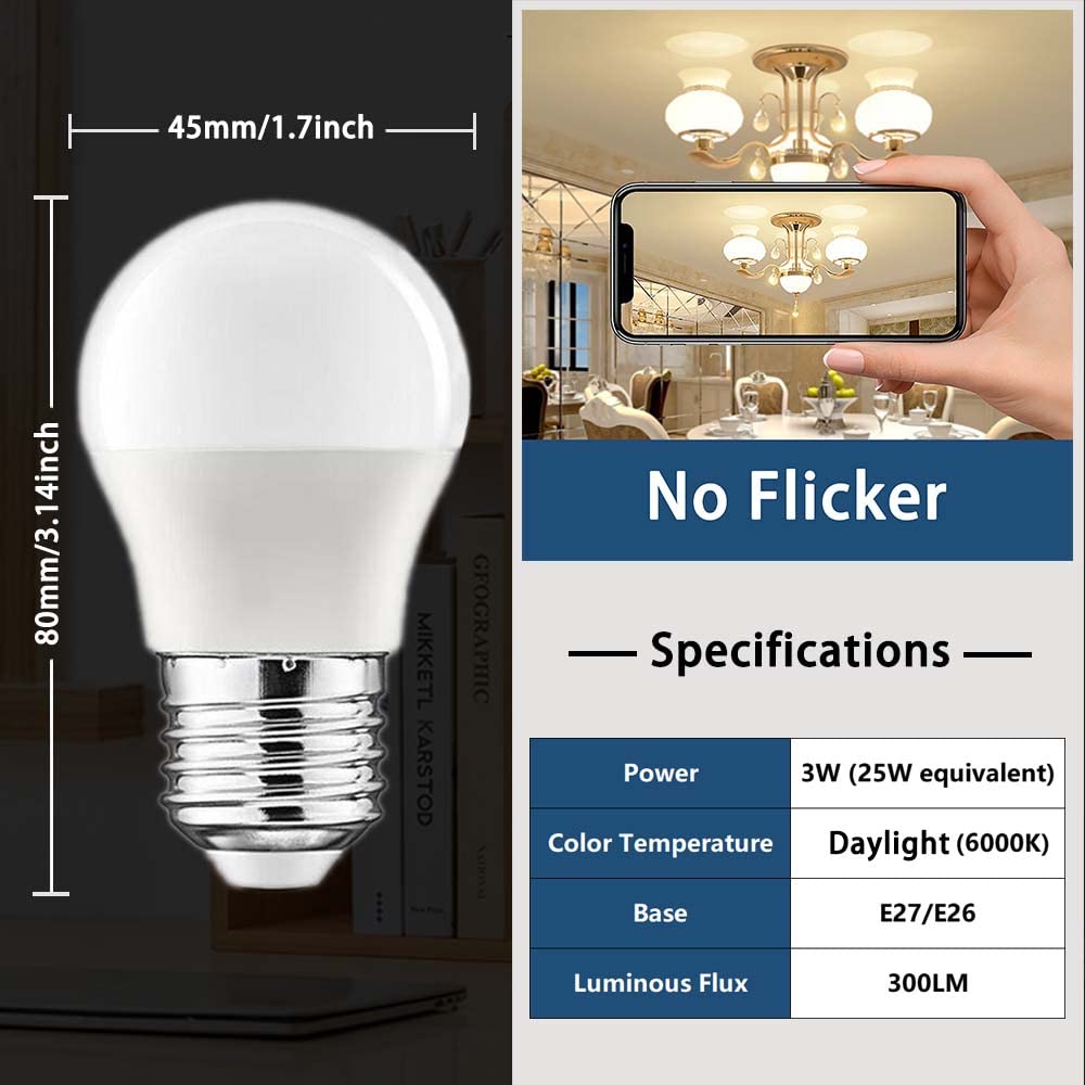Welitesim A15 LED Light Bulbs 3W (25W Equivalent) Daylight White 6000K E26 Base 120V A15 3W Bulbs for Bedroom Living Room Home Office Not Dimmable