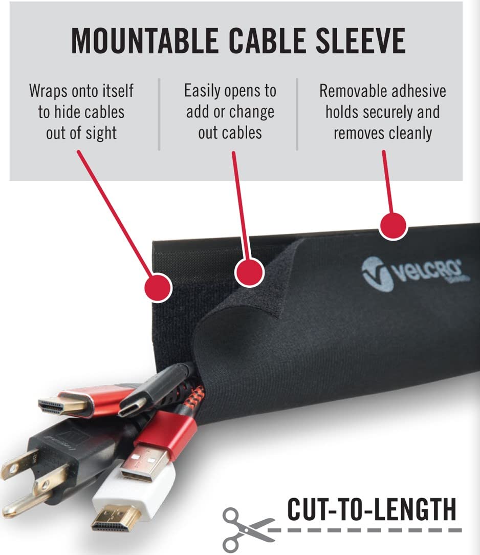 VELCRO Brand Mountable Cable Sleeve | 3-Ft Customizable Cable Raceway with Removable Adhesive | Cut to Length for Custom Size Wire Management | Cord