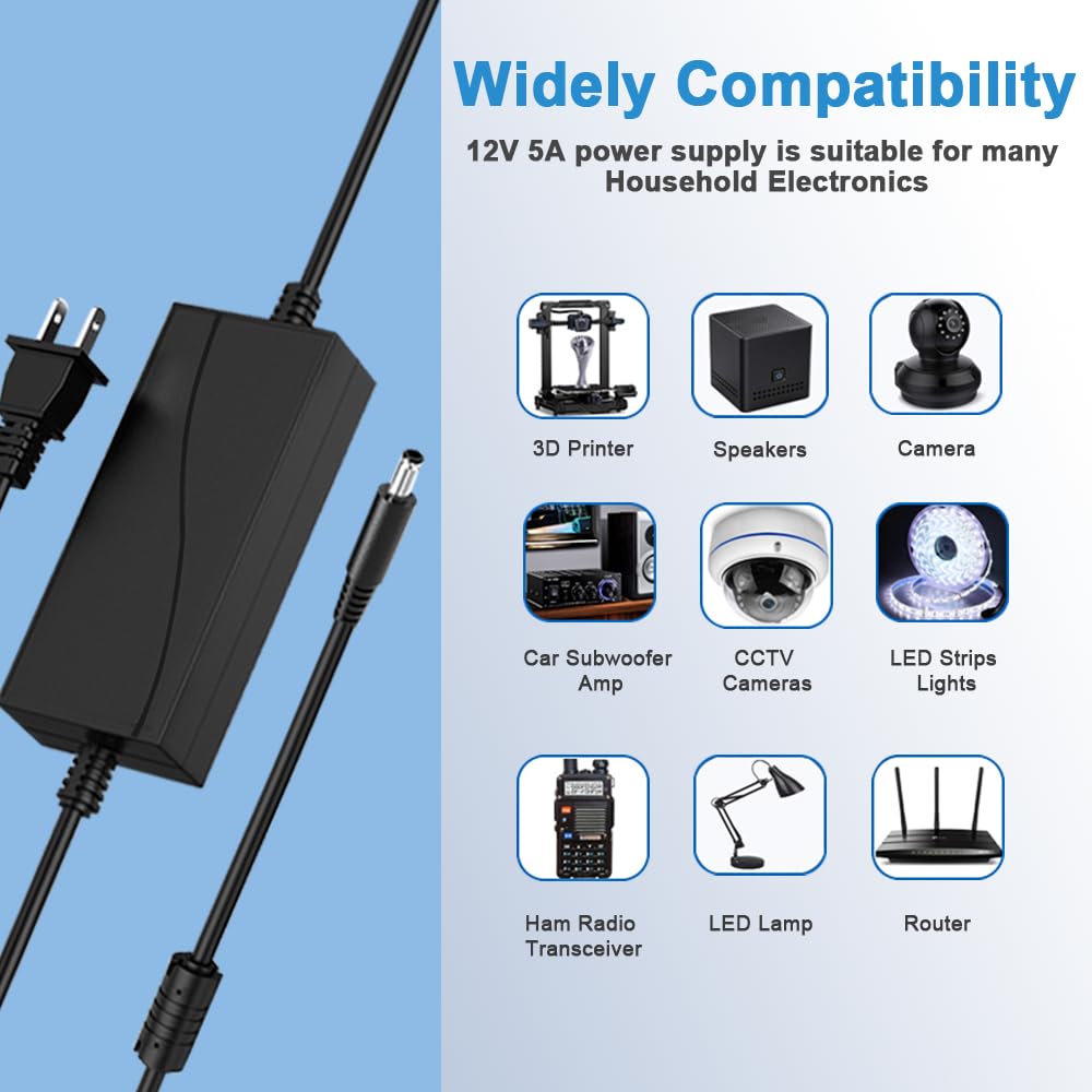 12V 5A Power Supply Charger AC/DC Adapter, 60W Switching Power Adapter with 1 DC Plug Fit for 3D Printer, CCTV Camera, Kids Children Electric Ride…