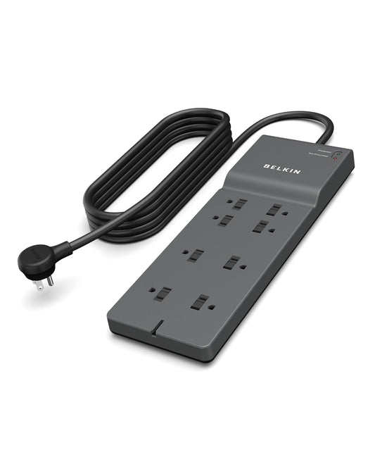 Belkin 8-Outlet Surge Protector w/ 8 AC Outlets & 8ft Long Flat Plug, UL-listed Heavy-Duty Extension Cord for Home, Office, Travel, Computer Desktop