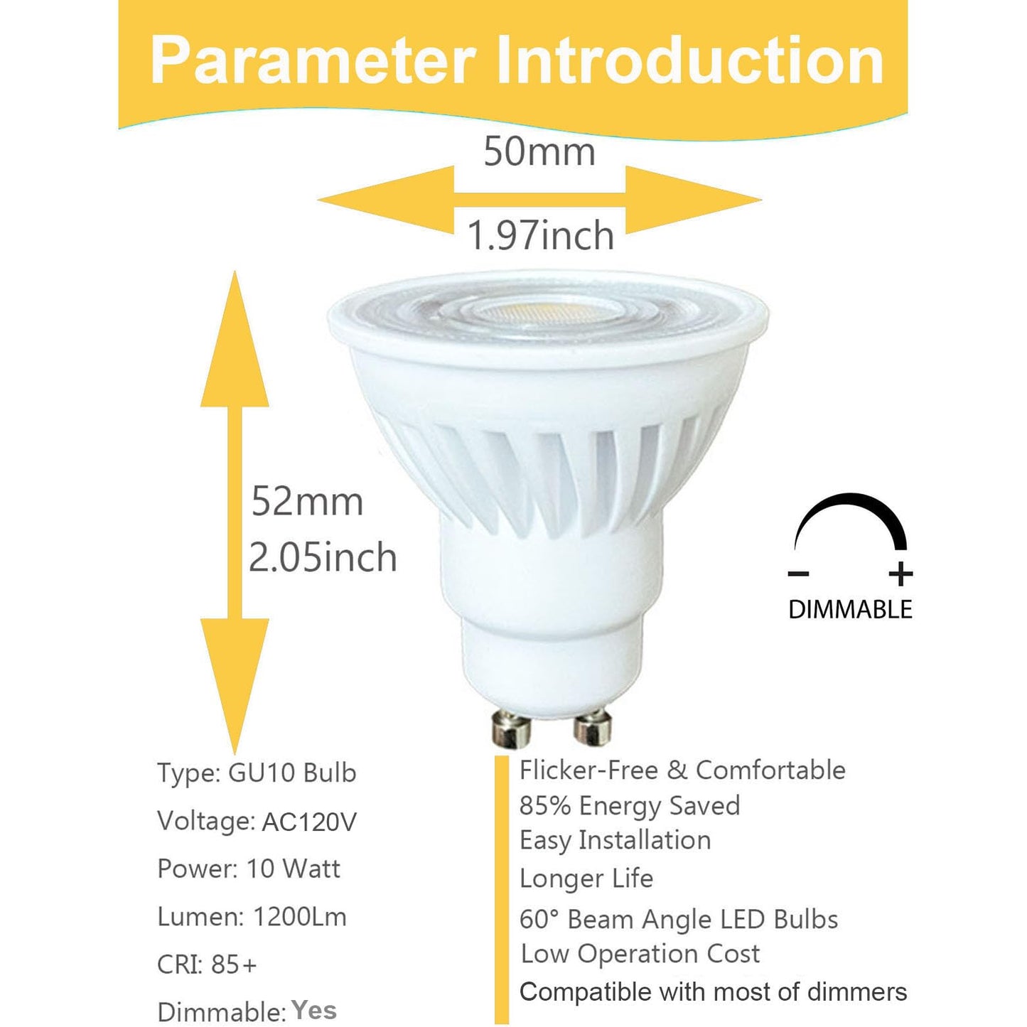 xmpuertai 4-Pack Dimmable GU10 LED Spotlight Bulbs, 10W 1200lm, 100W Halogen Equivalent, Energy Saving (3000K Warm White)