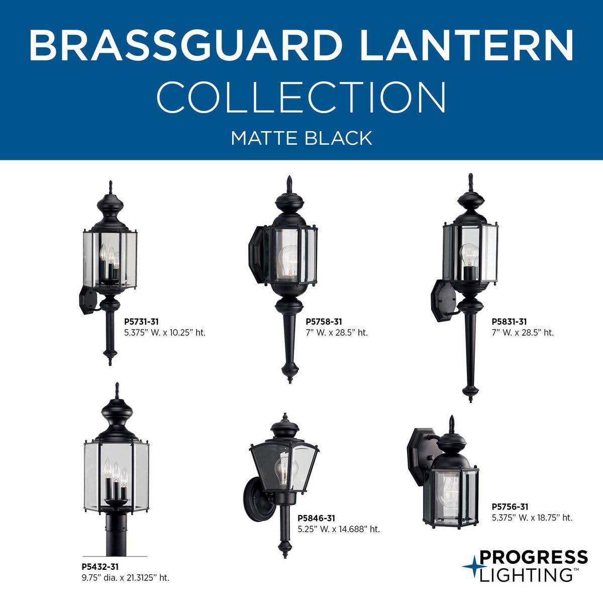 Progress Lighting 1-Light Clear Beveled Glass Traditional Outdoor Wall Lantern Light, BrassGUARD Lantern Collection, Outdoor, P5846-31, Matte Black
