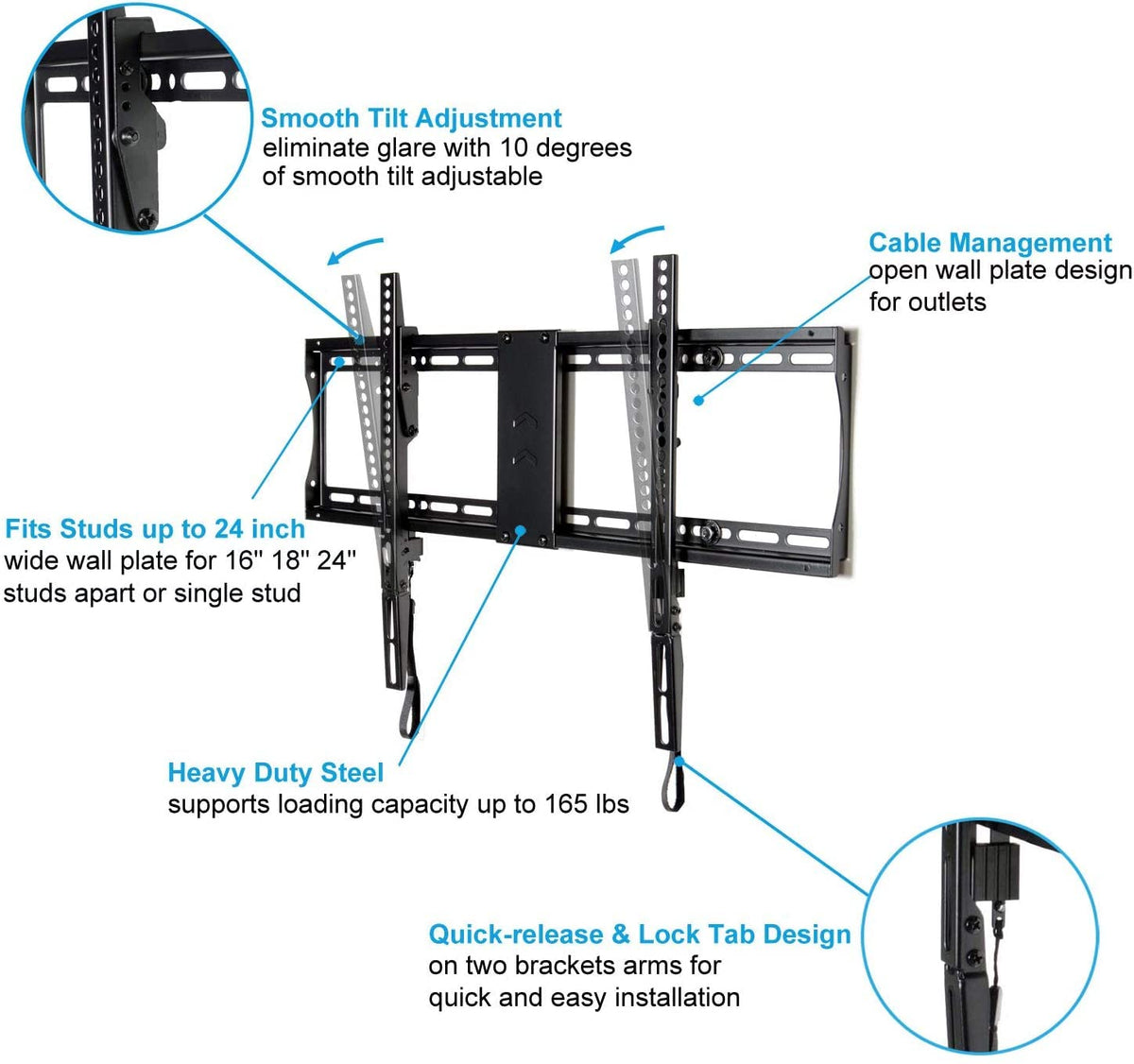 VideoSecu Tilt TV Wall Mount Bracket for Most 23"- 65" LCD LED Plasma TV Flat Panel Screen with VESA 200x100 to 600x400mm, Load Capacity 165lbs, 15 Degree Tilt up or down - Bonus 10 ft HDMI Cable and Magnetic Bubble Level MF608B BBM