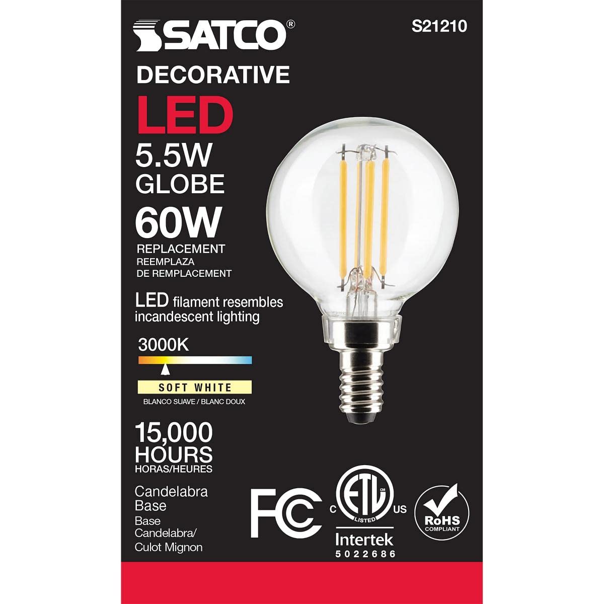 Satco S21210, B11 LED Light Bulb, E12 Base, 3000K, Clear, Replacement Bulb