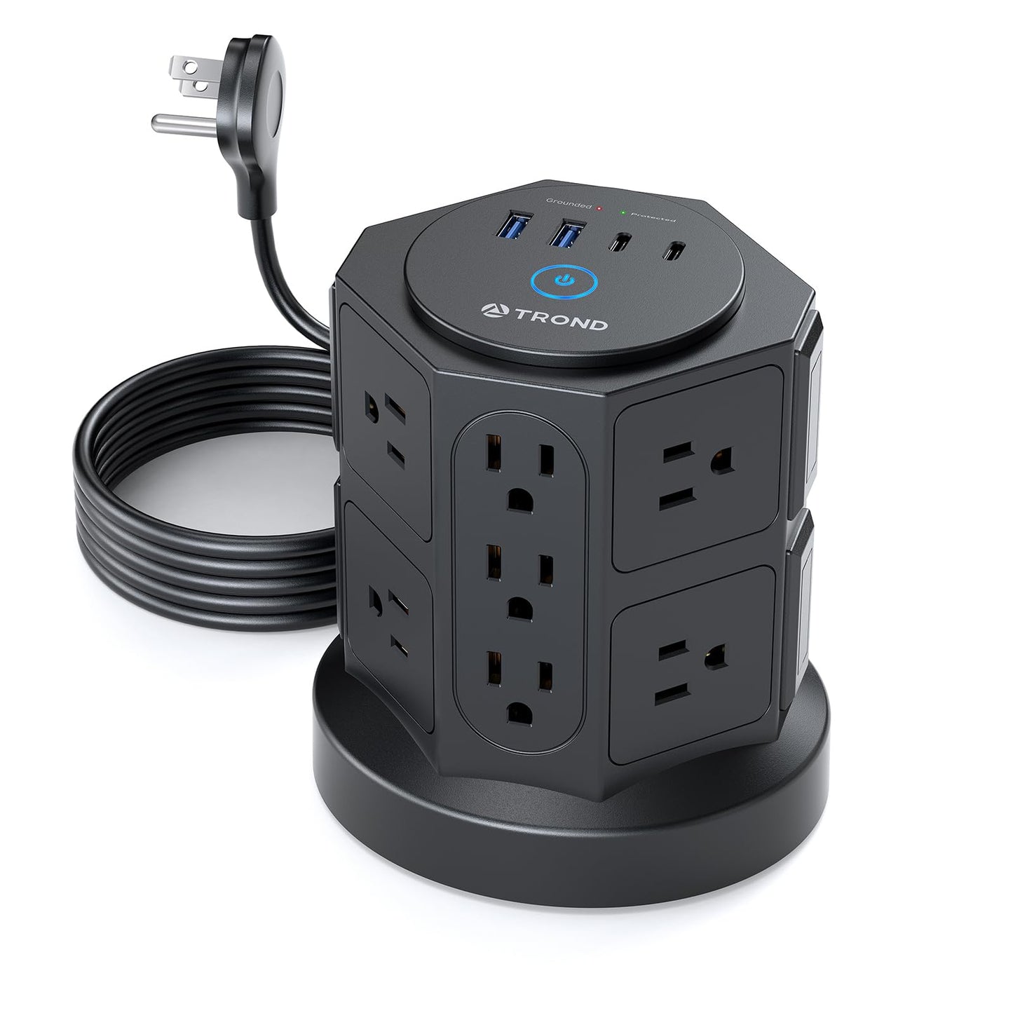 TROND Tower Surge Protector Power Strip with USB, 14 Widely Spaced Outlets, 2 USB-C and 2 USB-A, 2100J Surge Protection, 6 Feet Extension Cord