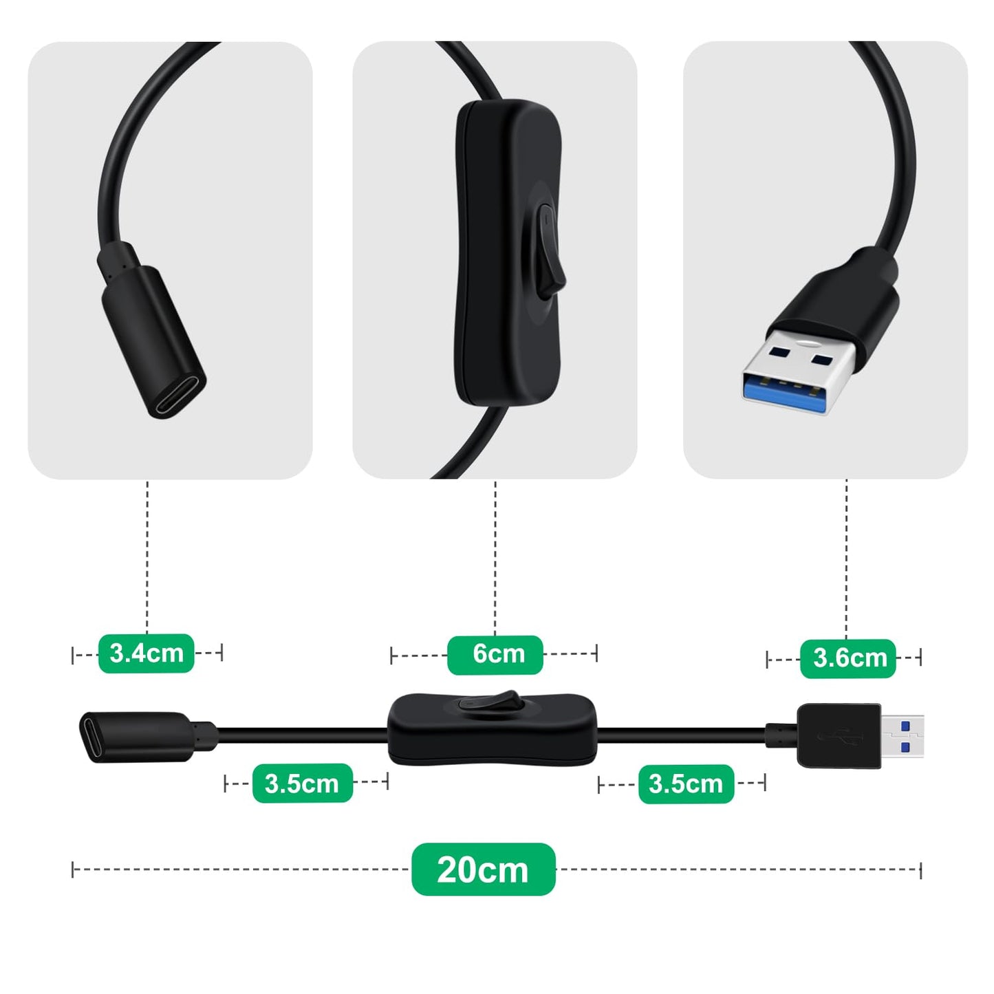 HuaLiSiJi USB C Female to USB 3.0 A Male Cable with Switch 5Gbps Transmission and Charging Type C Female to USB Male Adaptor Cable (Black, 0.2 m)