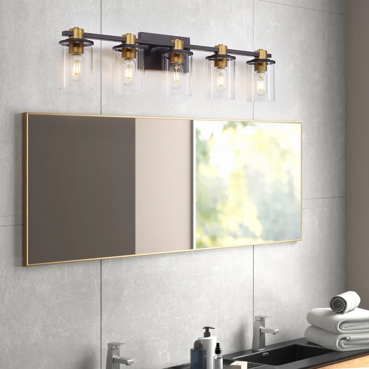 5 Light Bathroom Vanity Light, Black and Gold Bathroom Light Fixtures, Sconces Wall Lighting with Clear Glass Shade, Modern Brushed Gold Vanity