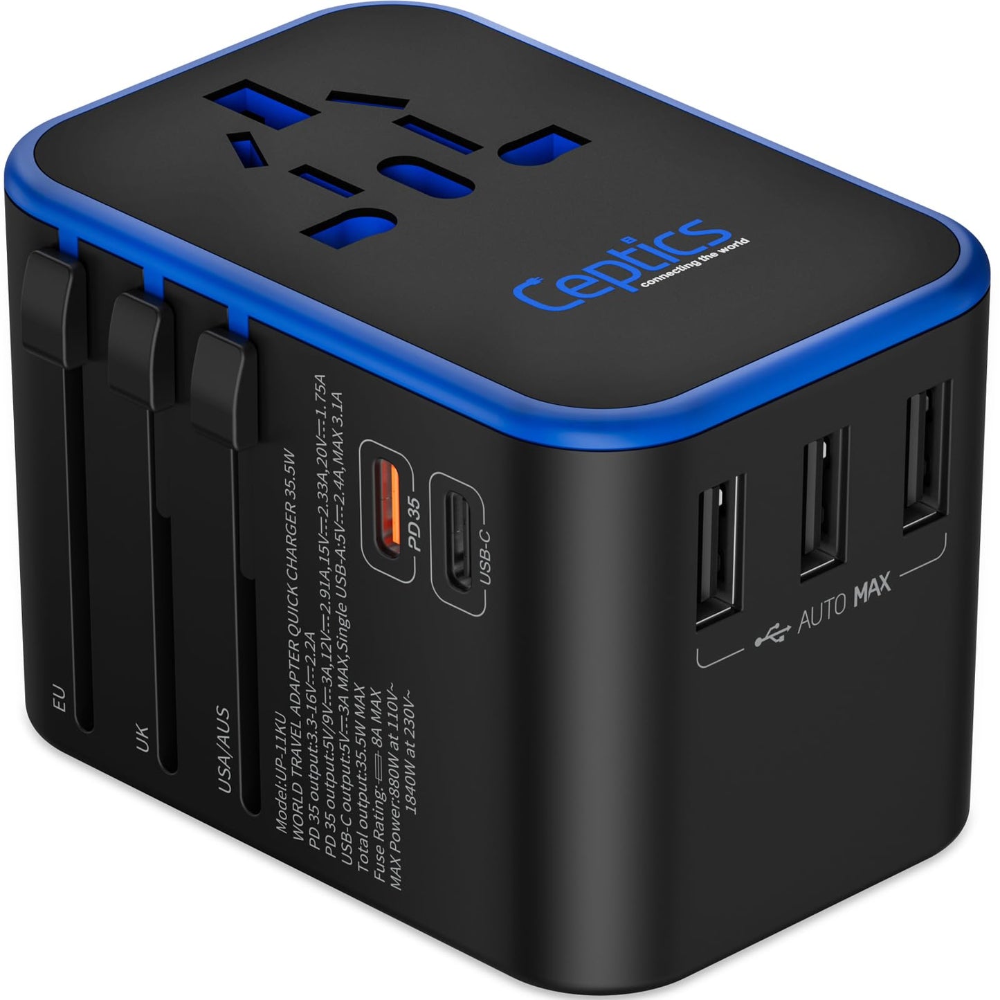 Ceptics 35W Universal Travel Adapter – PD & QC 3.0, Dual USB-C, 3 USB Ports, Worldwide Plug for EU/US/UK/AU – Model 11-KU