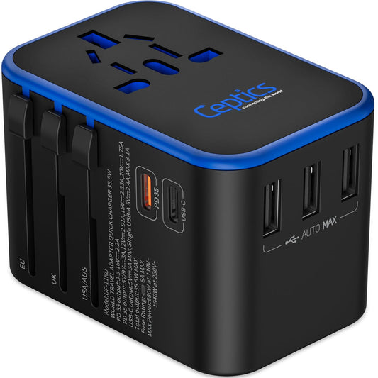 Ceptics 35W Universal Travel Adapter – PD & QC 3.0, Dual USB-C, 3 USB Ports, Worldwide Plug for EU/US/UK/AU – Model 11-KU
