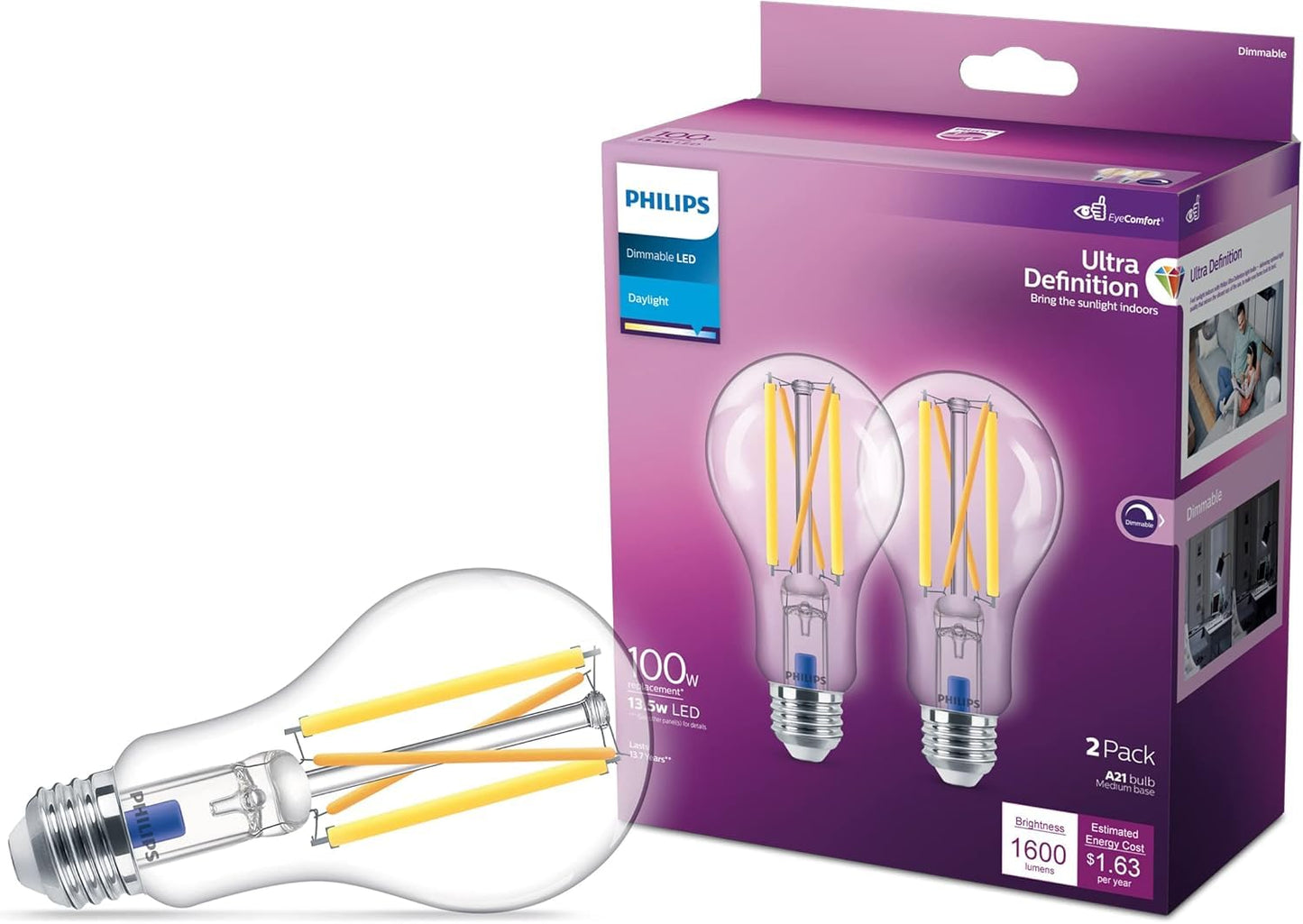 PHILIPS LED 100W A21 2-Pack Ultra Definition Daylight (5000K) 1600 Lumen (13.5W = 100W) Dimmable Frosted Flicker-Free Light Bulbs