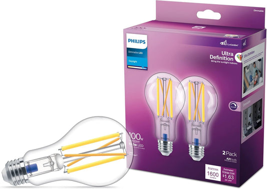 PHILIPS LED 100W A21 2-Pack Ultra Definition Daylight (5000K) 1600 Lumen (13.5W = 100W) Dimmable Frosted Flicker-Free Light Bulbs
