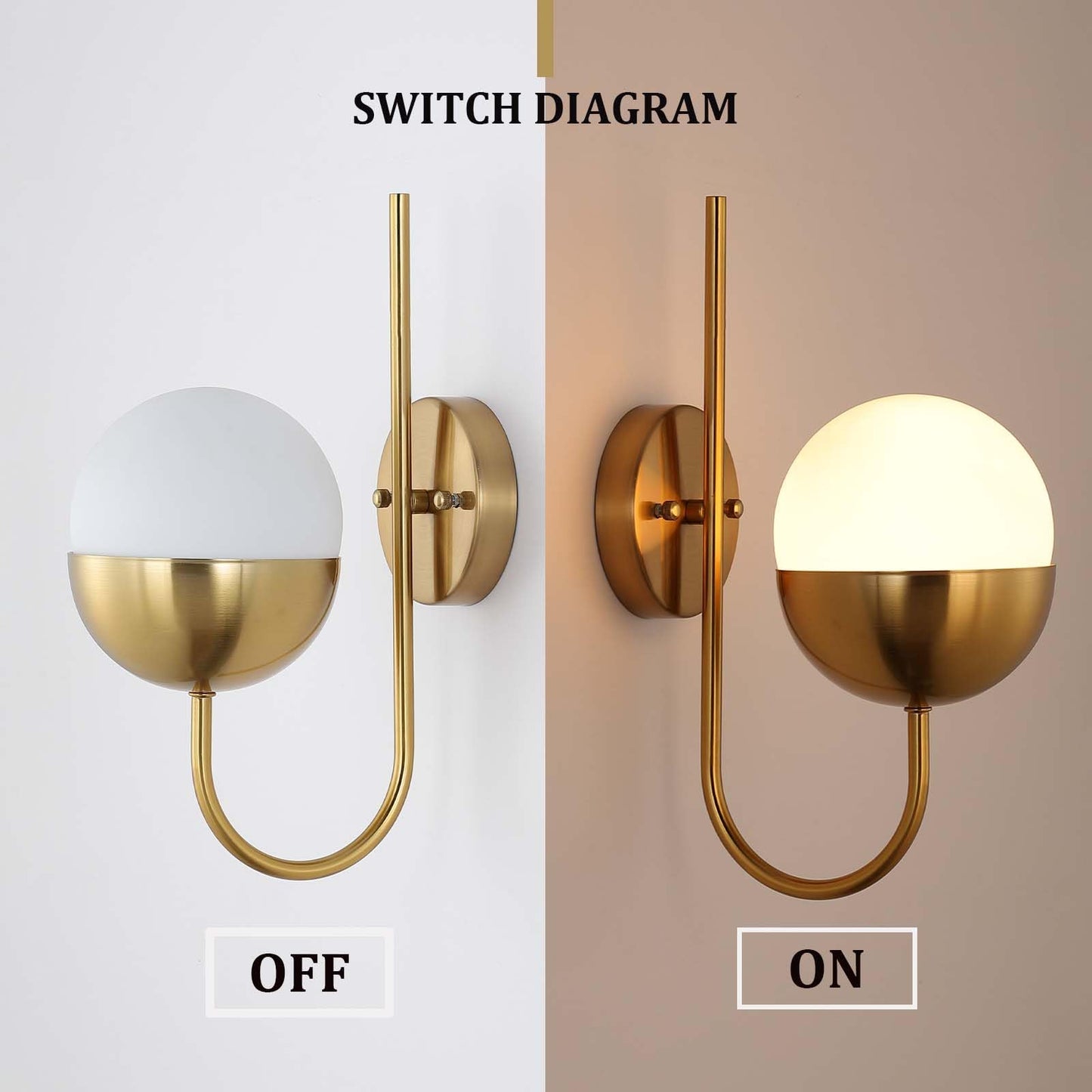 Cuaulans Brass Gold Globe Wall Sconce, Mid Century Modern Wall Sconce, Wall Mount Light Fixture with Frosted Glass Shade for Bathroom Bedroom Hallway