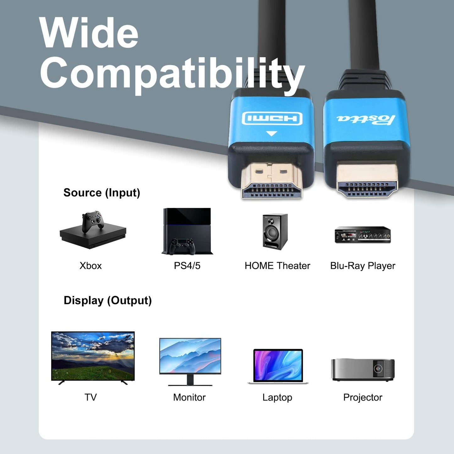 Postta HDMI Cable 75 Feet with Built-in Signal Booster HDMI 2.0V Cable with 2 Piece Cable Ties+2 Piece HDMI Adapters Support 3D,1080P,Ethernet,Audio